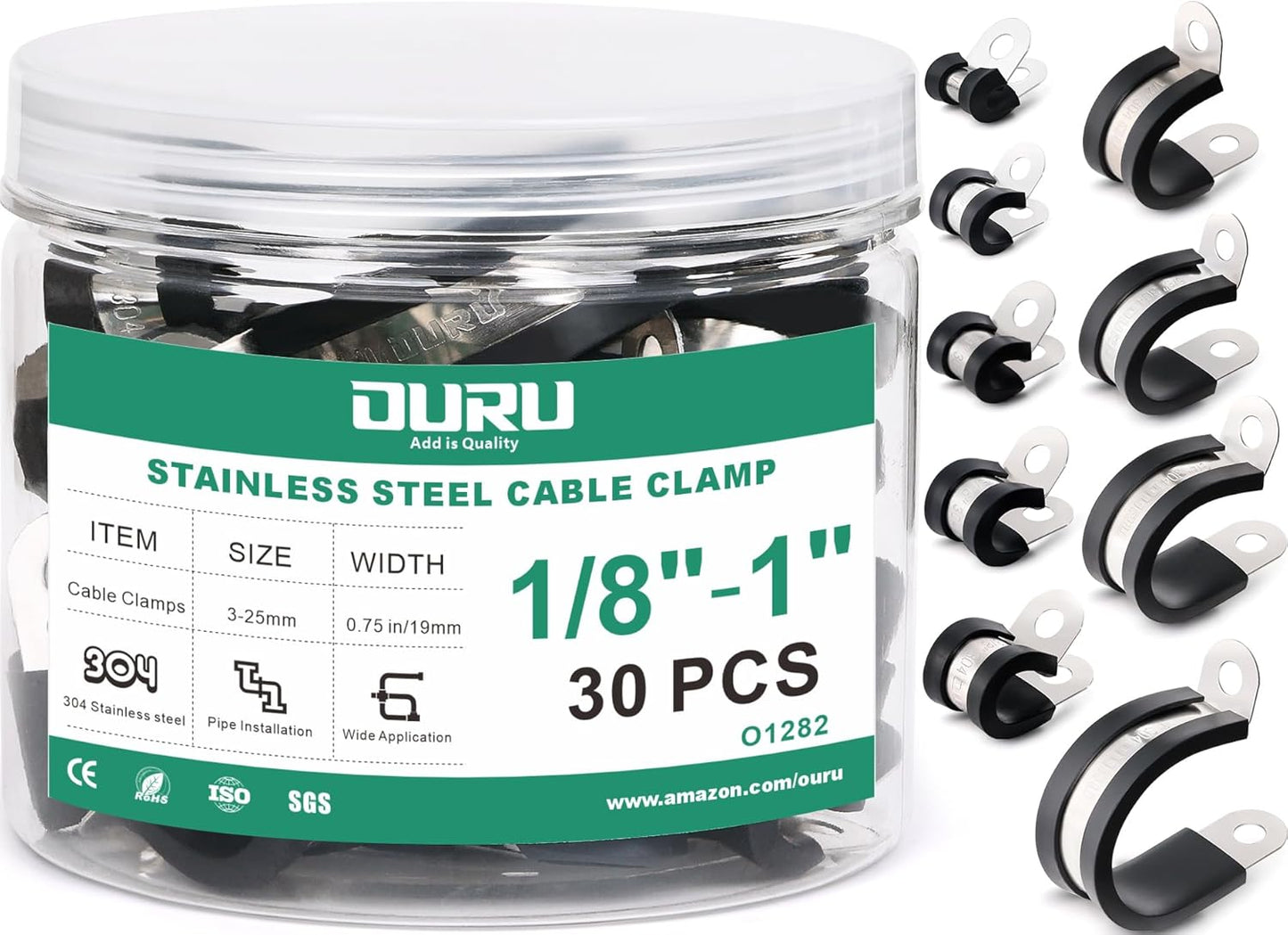 30PCS Stainless Steel Cable Clamps 9 Sizes—1/8" 3/16" 1/4" 5/16" 3/8" 1/2" 5/8" 3/4" 1" Rubber Coated Cushioned Insulated Cable Clamp,Automotive Cable Wire Clamps,Pipe Clamps(Black)