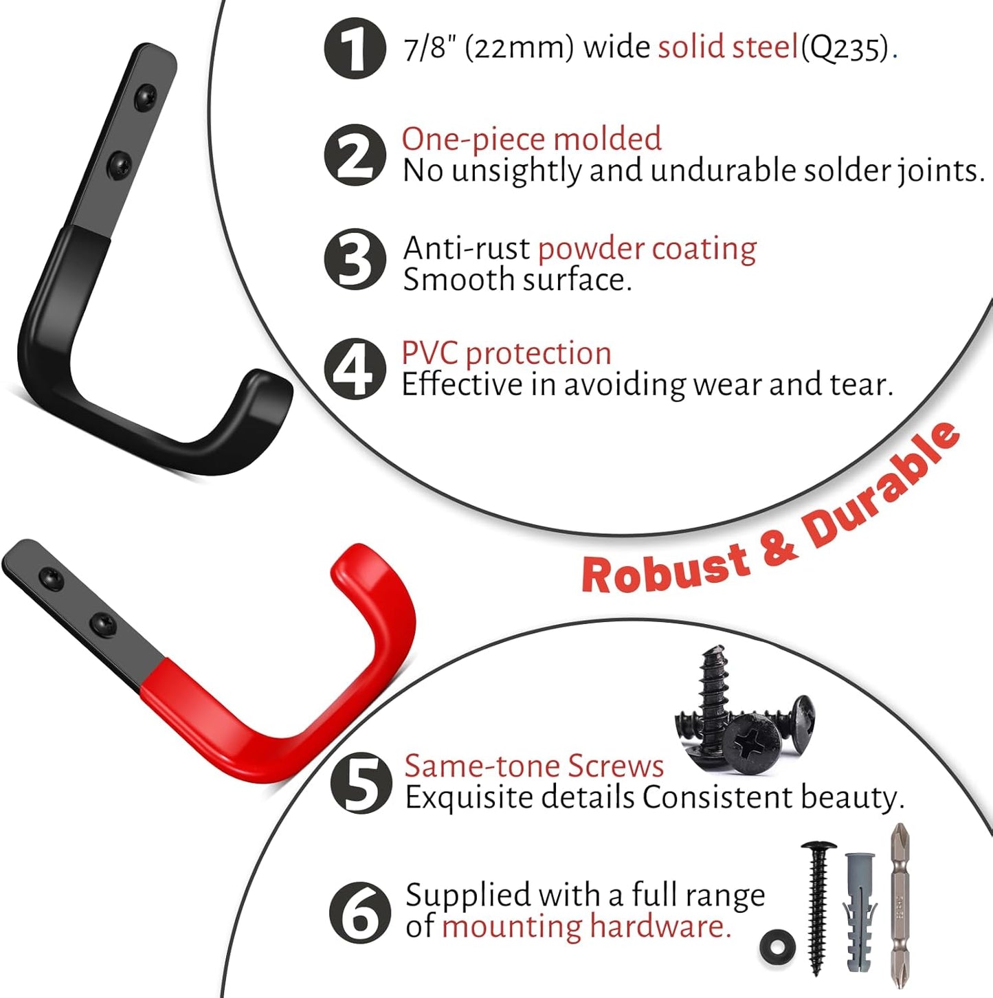 Garage Hooks 4 Inch, 6 Pack Heavy Duty Wall Hooks for Hanging, Ladder Hangers for Garage Wall Mount, Steel J Utility Garden Hose Holder Tool Organizers and Storage(55lbs)