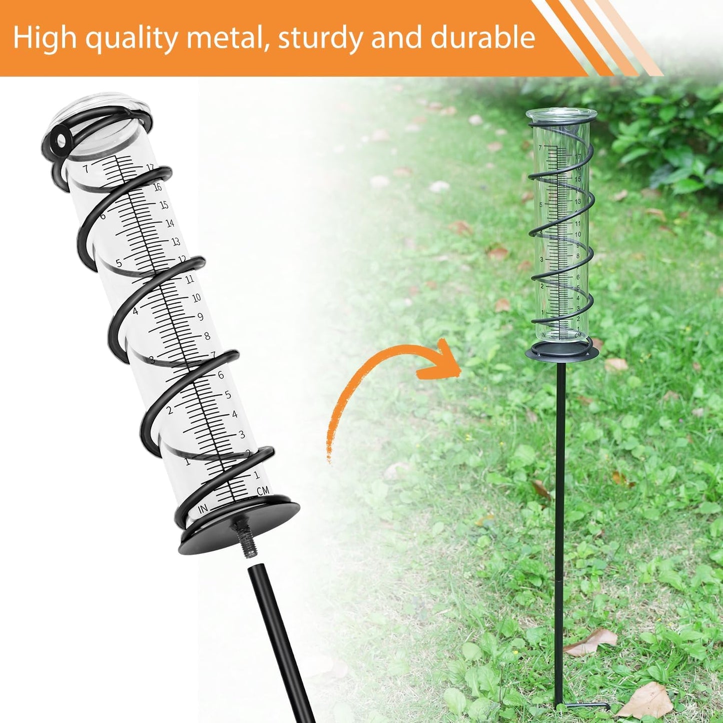 Upgrade Rain Gauge, Detachable Spiral Rain Gauge Outdoor, Rain Measure Gauge for Yard, Large Number Rain Water Meter, Thickened Plastic Rain Gauge with Stake and Metal Frame for Patio,Lawn