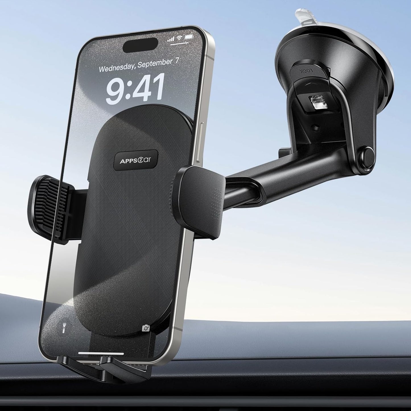 APPS2Car Car Phone Holder for Dashboard & Windshield, Adjustable Long Arm, Strong Suction Cup, Compatible with iPhone, Samsung, All Phones