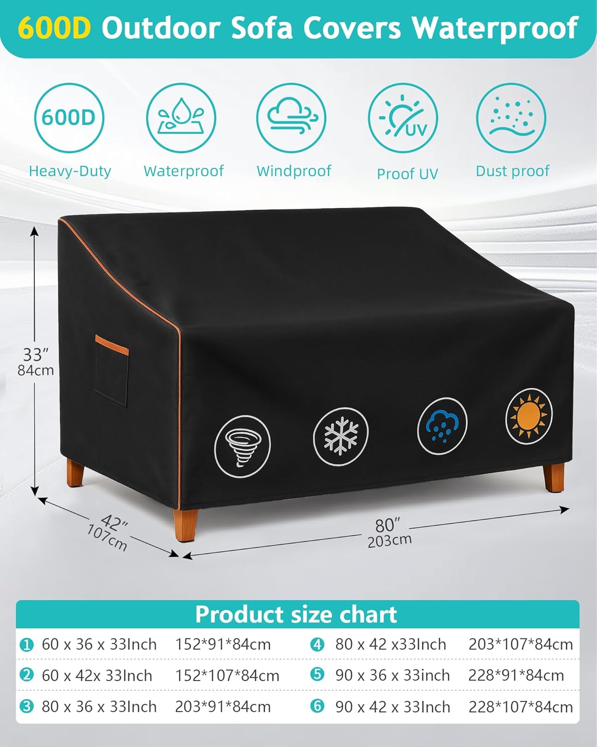 Outdoor Sofa Cover, Waterproof Patio Furniture Cover 80W x 42D x 33H inches Heavy Duty 600D Oxford Fabric Black
