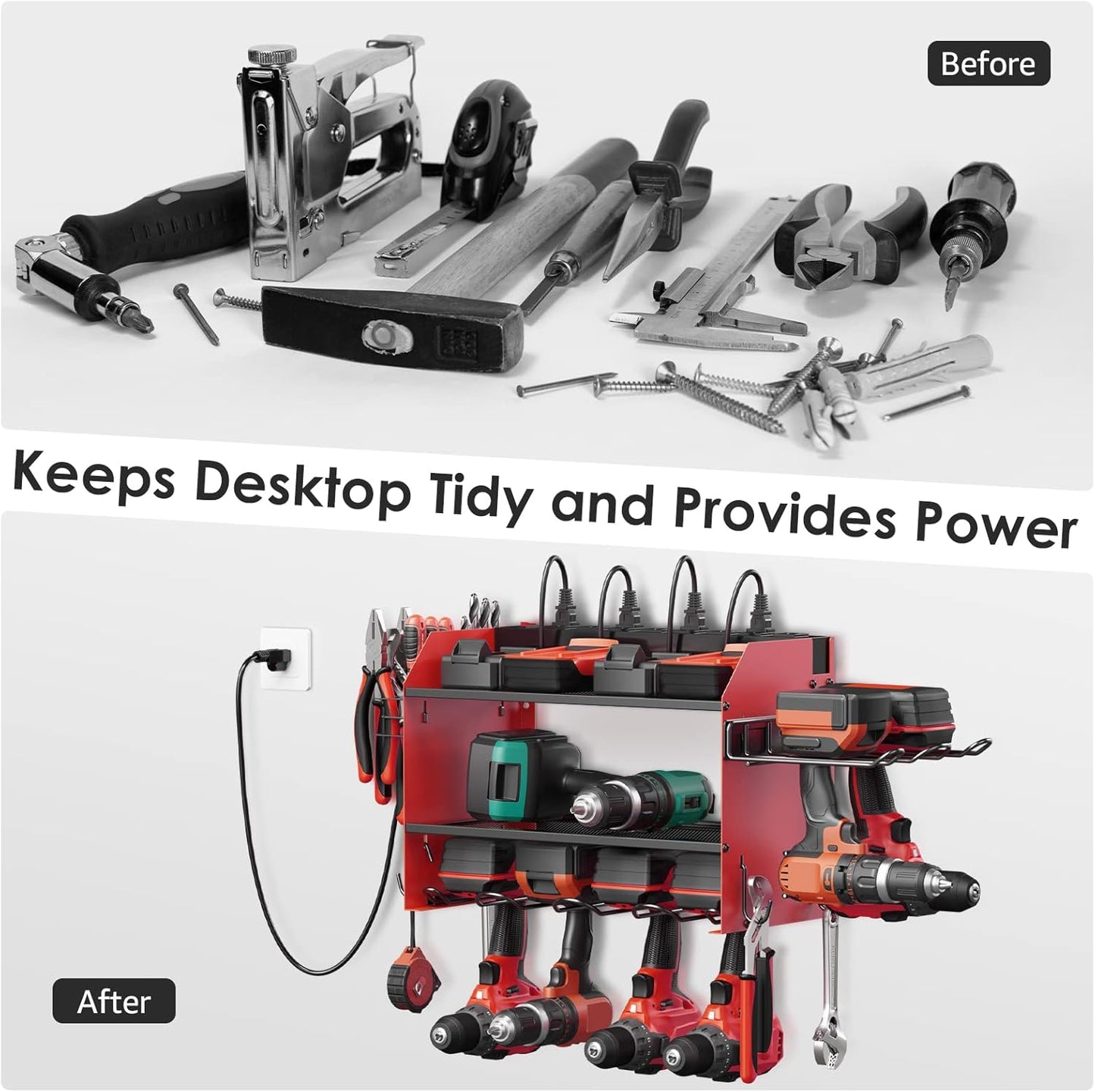 CCCEI Modular Power Tool Organizer Wall Mount Charging Station, Red 6 Drills Holder with 8 Plug Power Strip 10FT, Garage Drill Battery Heavy Duty Metal Shelf, Utility Rack with Hooks, Side Storage.