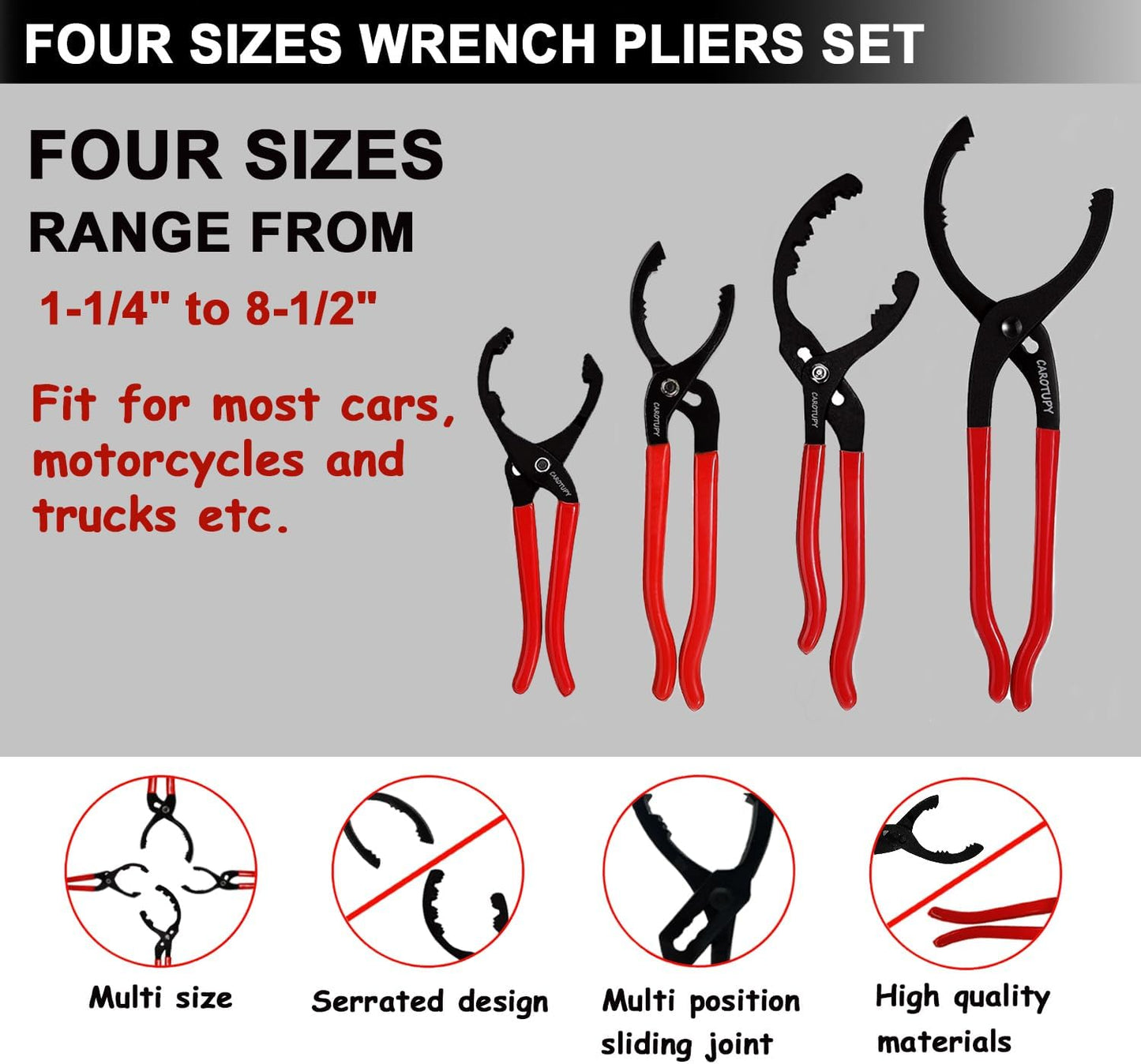 5Pcs Adjustable Oil Filter Pliers Set, Universal Oil Filter Removal Tool with Small Oil Funnel, 10" & 12" & 14" & 16" Oil Fliter Wrench From 1-1/4" to 8-1/2"