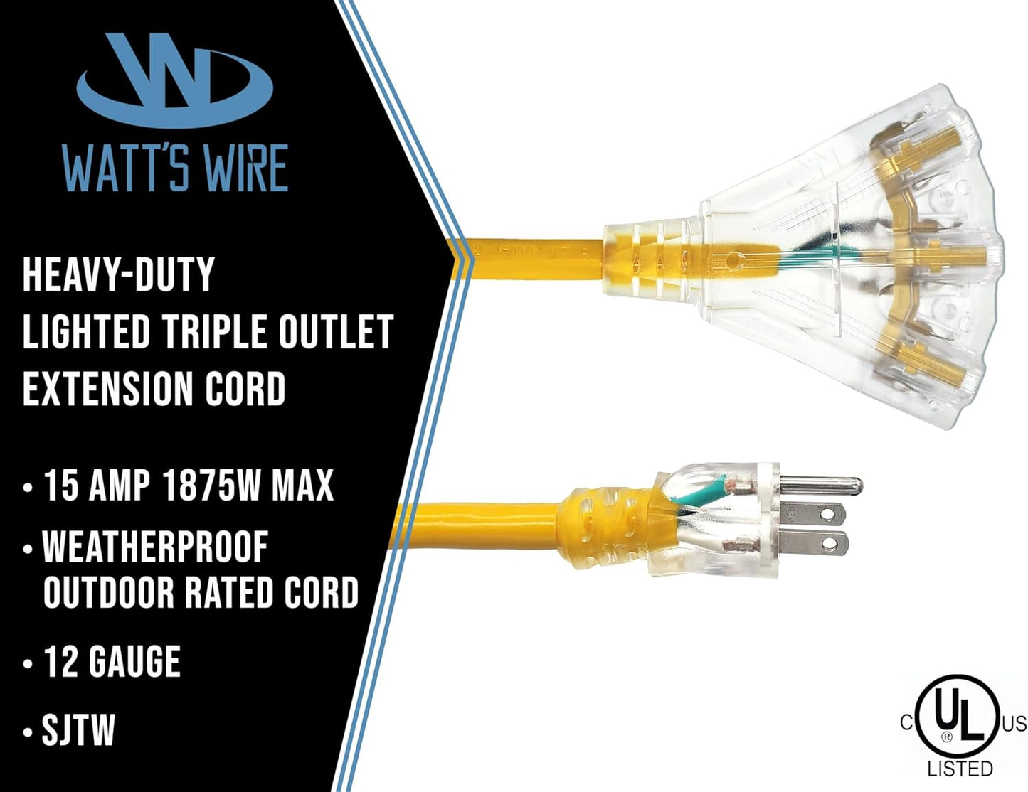 75 ft - 12 Gauge Heavy Duty Extension Cord - 3 Outlet Lighted SJTW - Indoor/Outdoor Extension_Cord by Watt's Wire - 75' 12-Gauge Grounded 15 Amp ExtensionCord