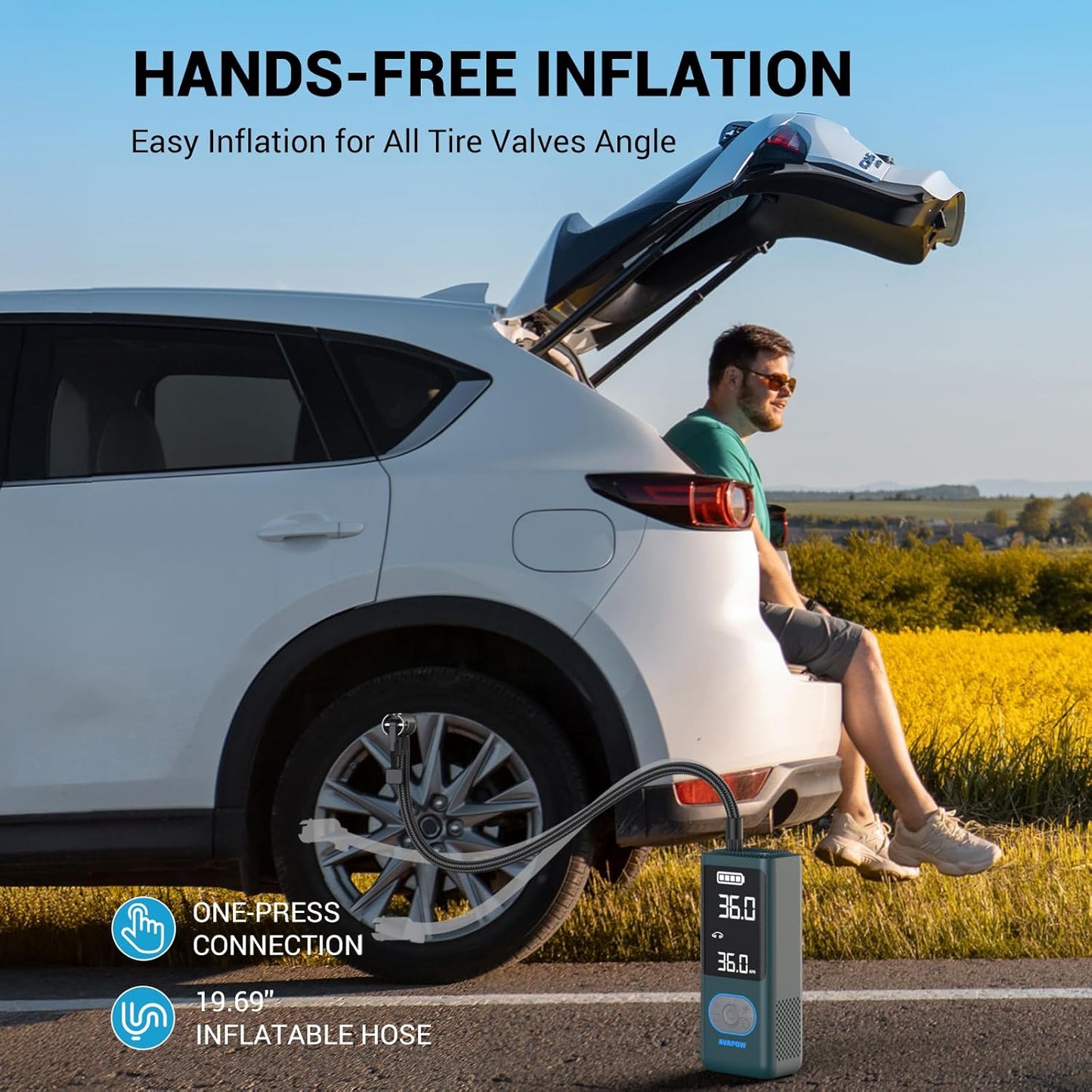 AVAPOW AP18 Tire Inflator Portable Air Compressor, 300% Faster 150 PSI Cordless Air Pump with Tire Pressure Gauge, 3.7″ Dual LCD Screen, Auto-Shuts Off Tire Pump for Car, Motorcycle, Bicycle, Cyan