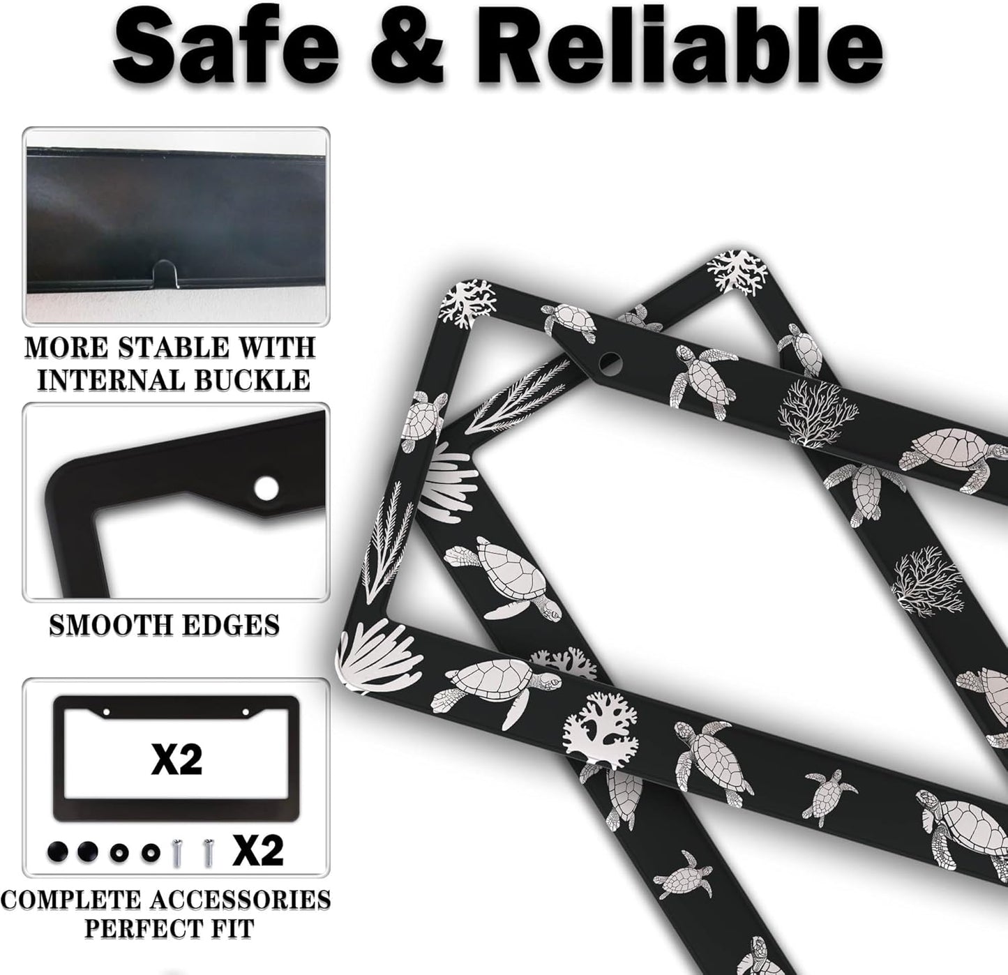 Automotive Exterior Accessories Black and White License Plate Frames Turtle Aluminum Metal Car Accessory 2 Pack with Screw Covers Set