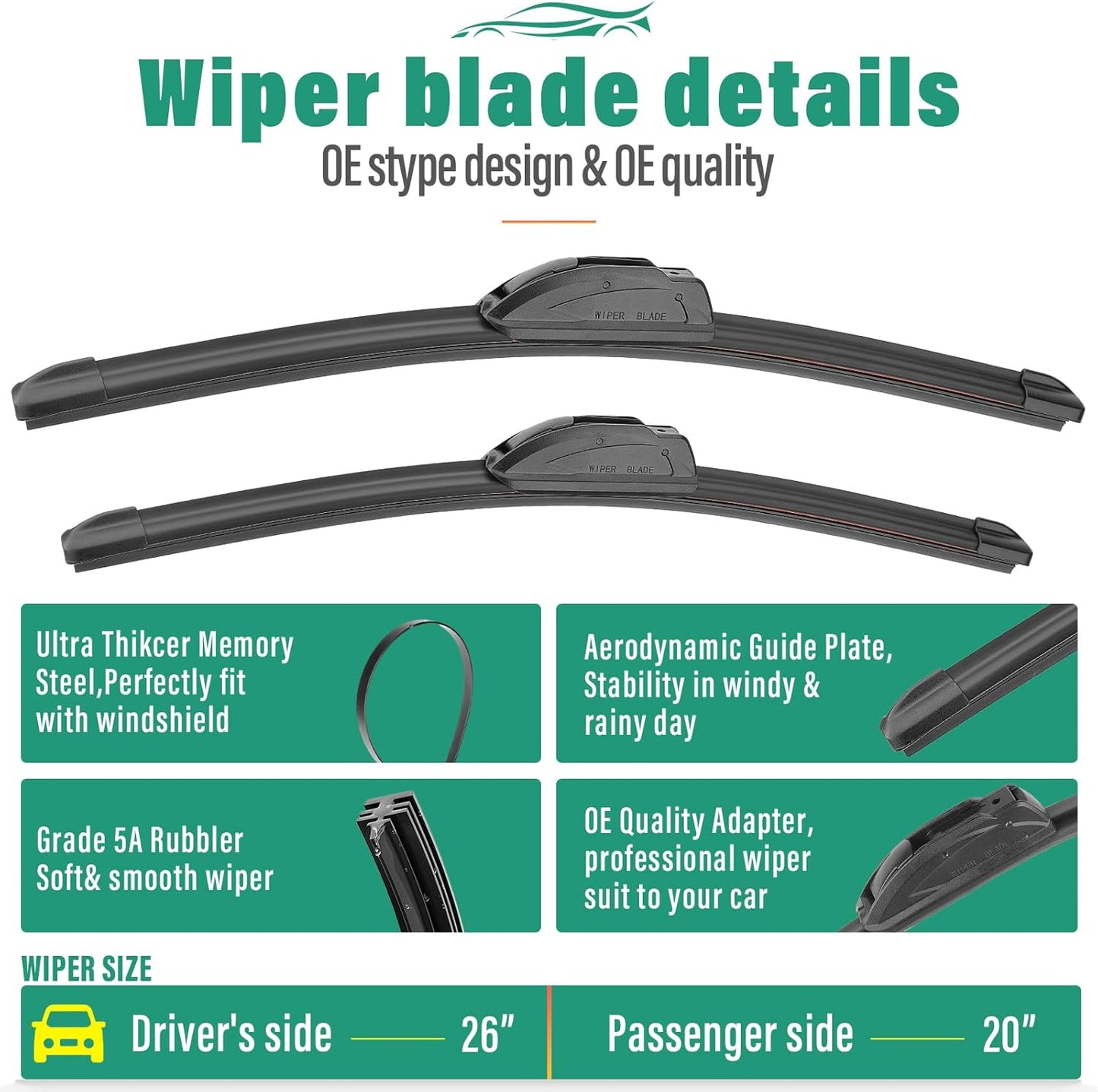 26" 20" 16" Windshield Wiper Blades Replacement for Dodge Grand Caravan 2008-2020 / Chrysler Town & Country 2008-2016 Premium All Weather Front Rear Wipers Set for My Car - OEM Quality (Pack of 3)