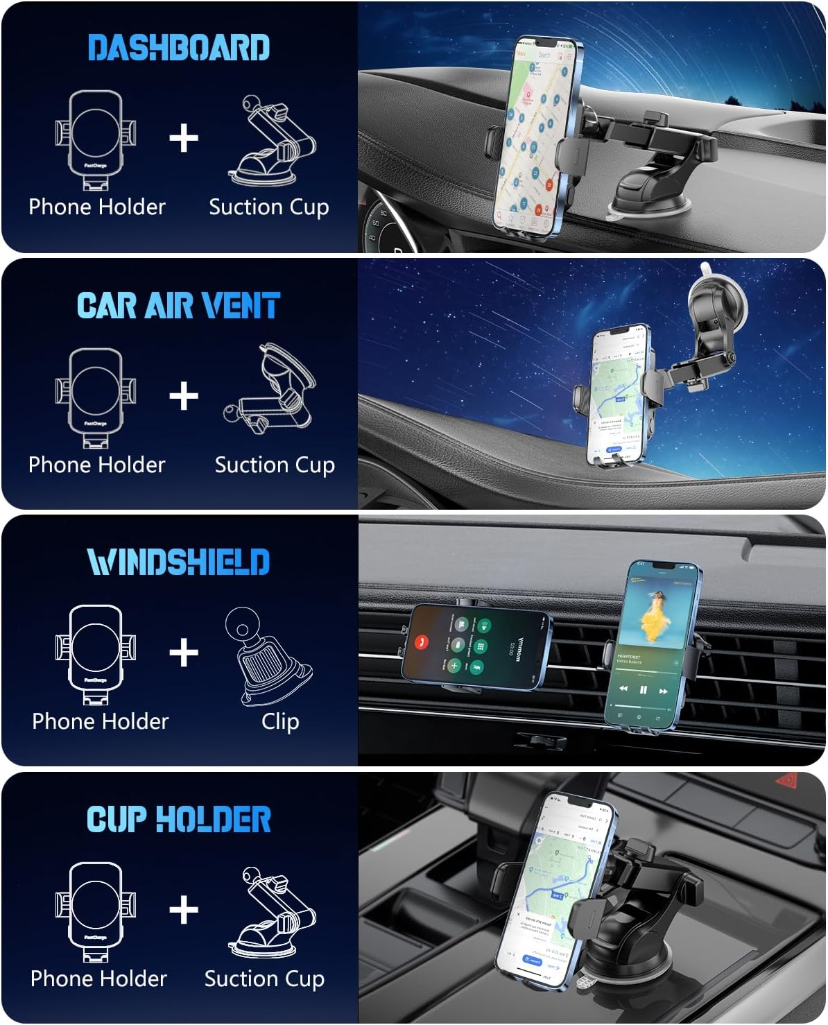 Wireless Car Charger, Fast Charging Phone Holder 3 in 1 Phone Mount Auto Clamping Car Accessories Compatible with iPhone 16 15 14 13 12 11 Xs XR, Samsung S23 Ultra S22 S21 S20/S10+ S9(Midnight Black)