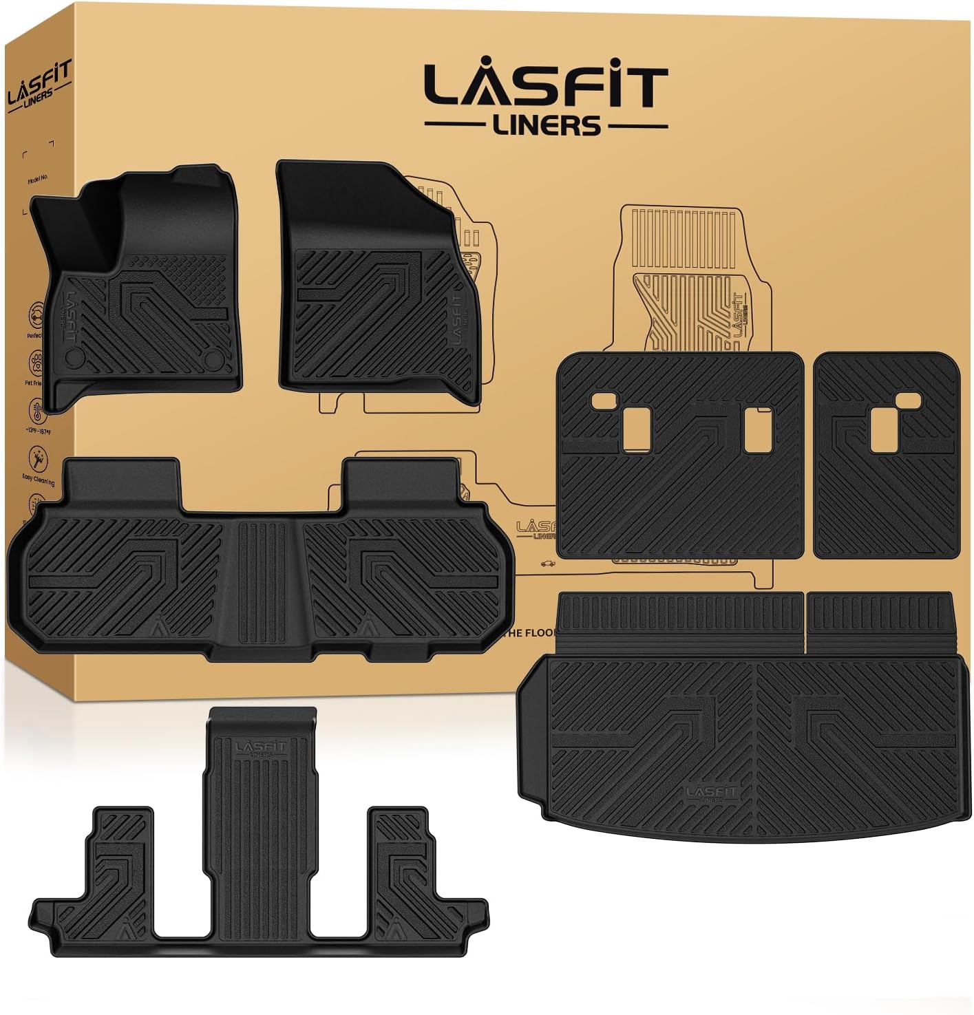 LASFIT Floor Mats & Cargo Liner with Backrest Mat for Chevy Traverse 2024-2026 (Only 7 Seats) & GMC Acadia 2024-2026 (Only 7 Seats) & Buick Enclave 2025-2026, All Weather TPE Custom Fit Floor Liners