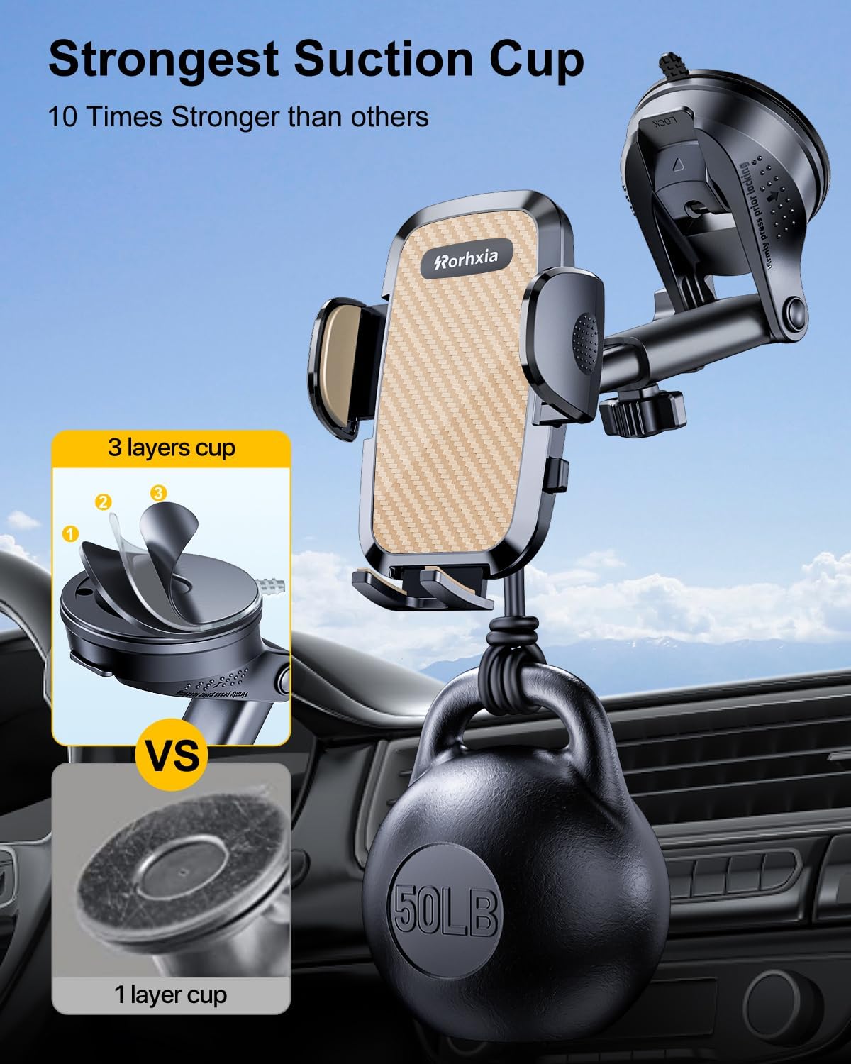 3-in-1 Phone Mount for Car [Most Stable and Flexible Suction Cup] Vent Dashboard Windshield Cell Phone Holder Car Fit for iPhone 15 14 13 12 Pro Max Samsung S23 S22 S21 All Phone, Gold