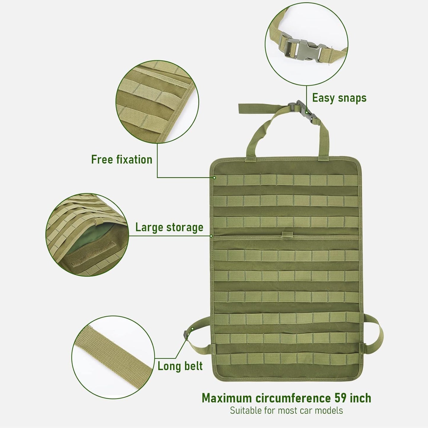 Universal Tactical Seat Back Organizer Vehicle Molle Panel Organizer Storage Bag with 5 Detachable Molle Pouch for All Vehicel Such as Jeep,Truck,SUV, Car, Ford,Chevy etc