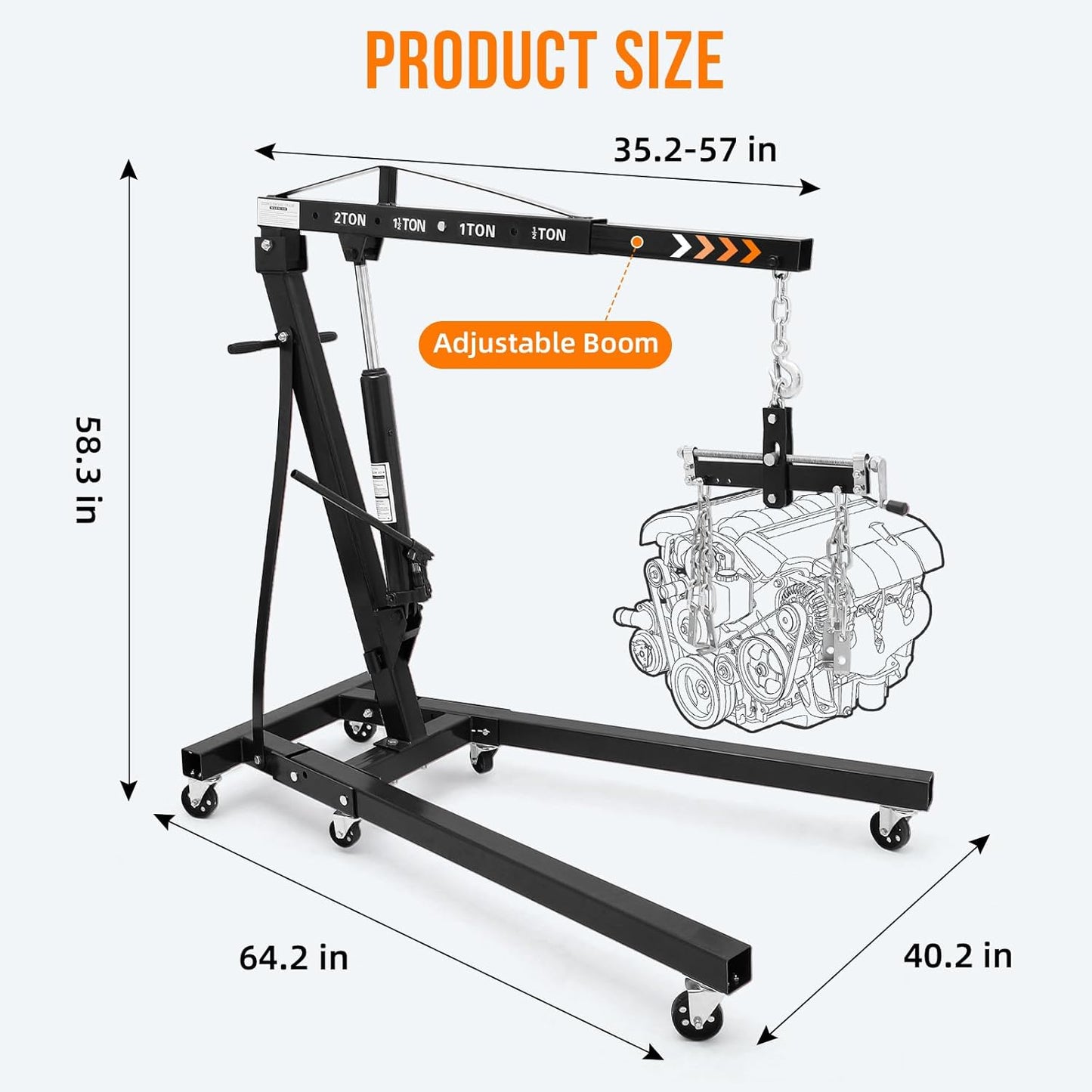 Engine Hoist with Lever, 2 Ton 4000 Lbs Heavy Duty Folding Cherry Picker Engine Lift Hydraulic Tilting Engine Shop Crane with 6 Iron Caster Wheels Telescopic Boom Hitch,Black