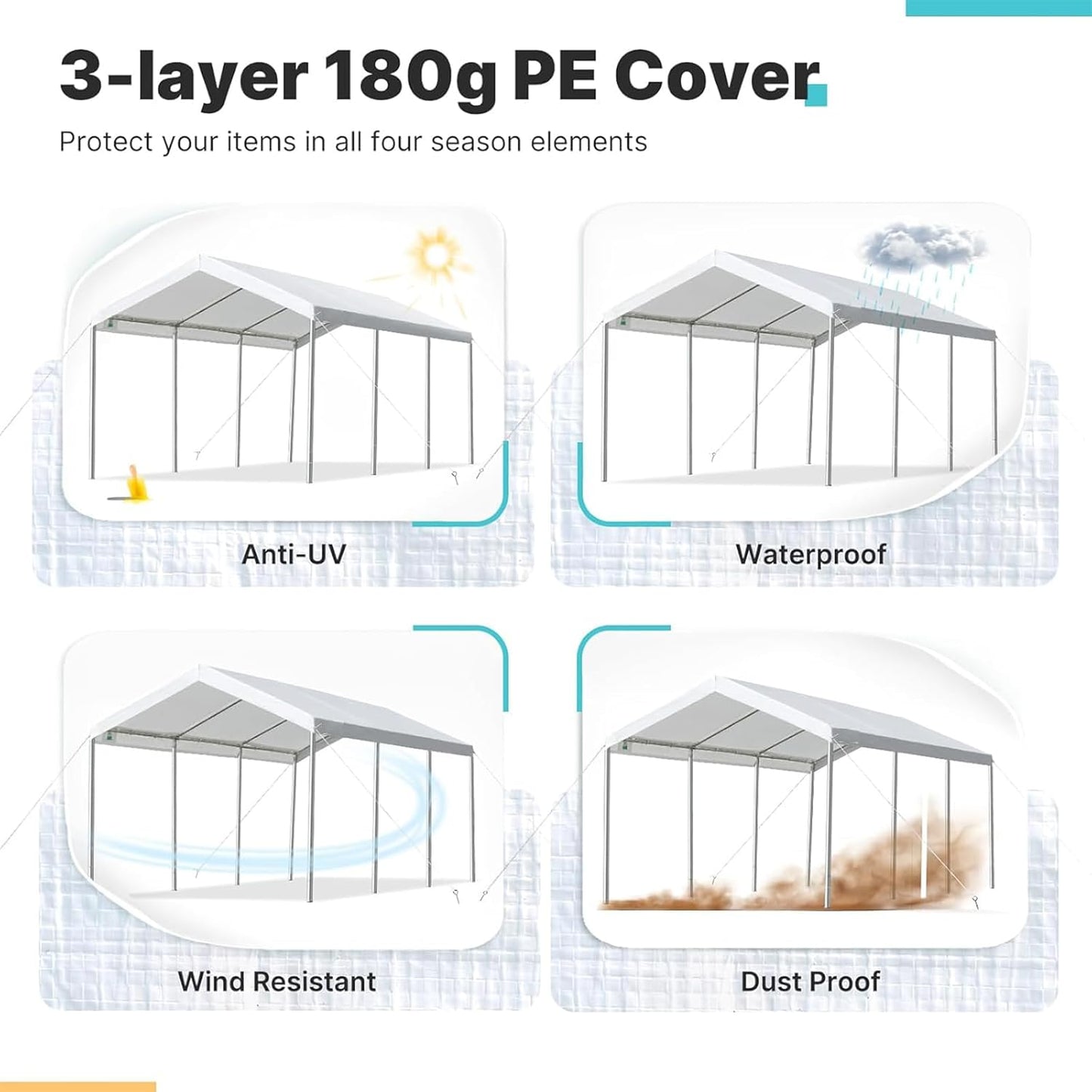 Carport Replacement Canopy Cover for 12 x 20 feet Car Tent Top Garage Shelter Cover Tarp with Ball Bungees (Only Top Cover, Frame Not Include (12 x 20', White)