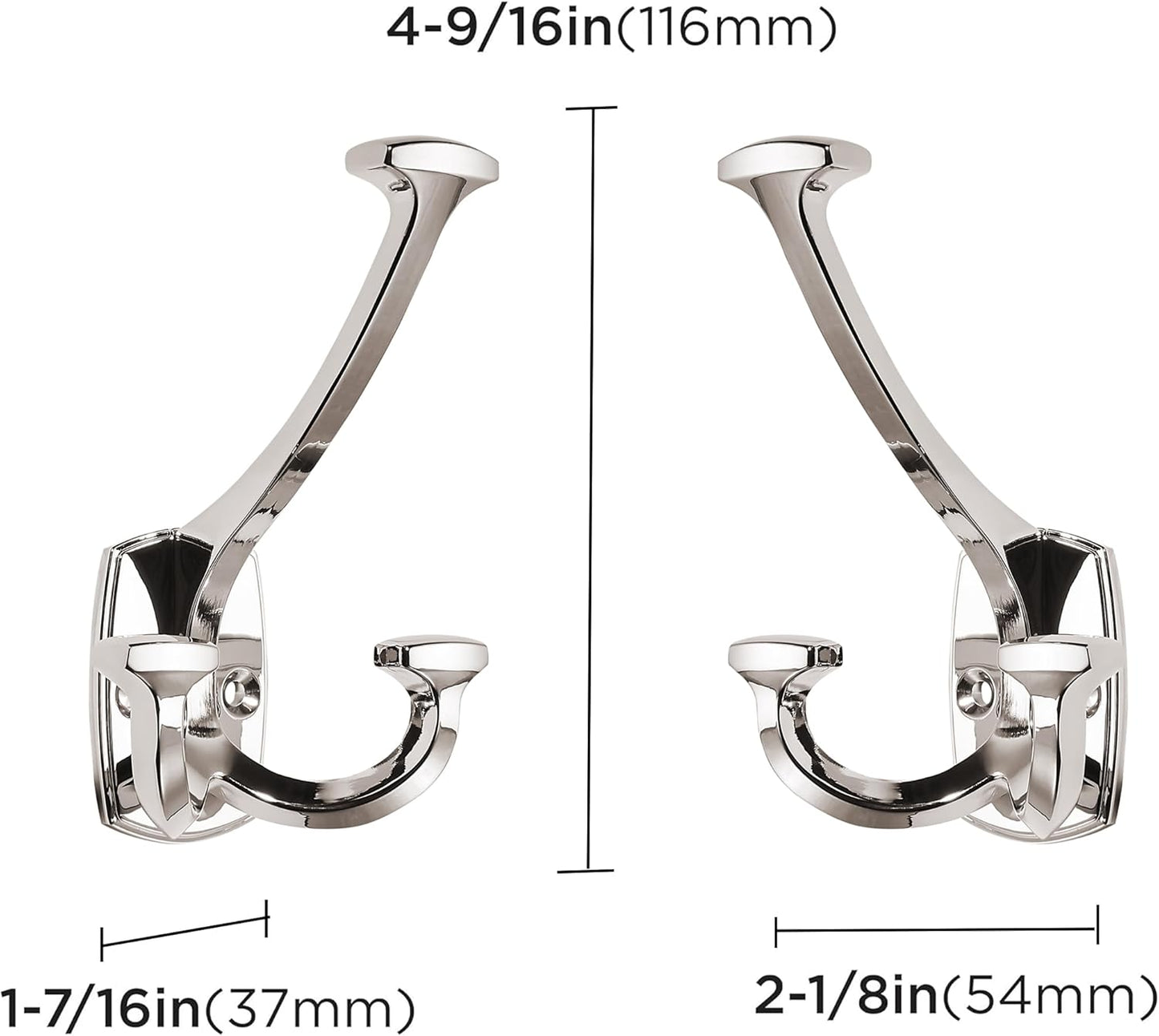 Large Wall Double-Sided Hook 5 Pack Polished Nickel Hook Decorative Heavy Duty Solid Large Coat Hooks for Towel Hanging Coats Robe Towel Bags Door Back 2 Prong Hooks