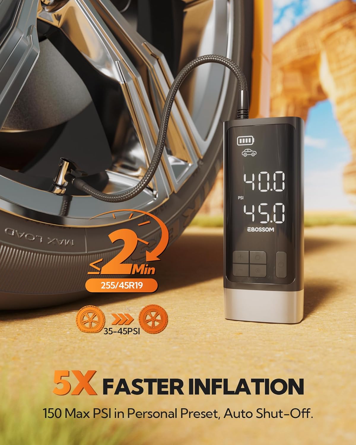 Portable Tire Inflator with Dual-Cylinder, 5 x Fast Inflation Car Air Compressor with Memory Function, 150PSI Cordless Tire Inflator Rechargeable with Battery,12V DC for Pickup Car, Moto, Bikes, Balls