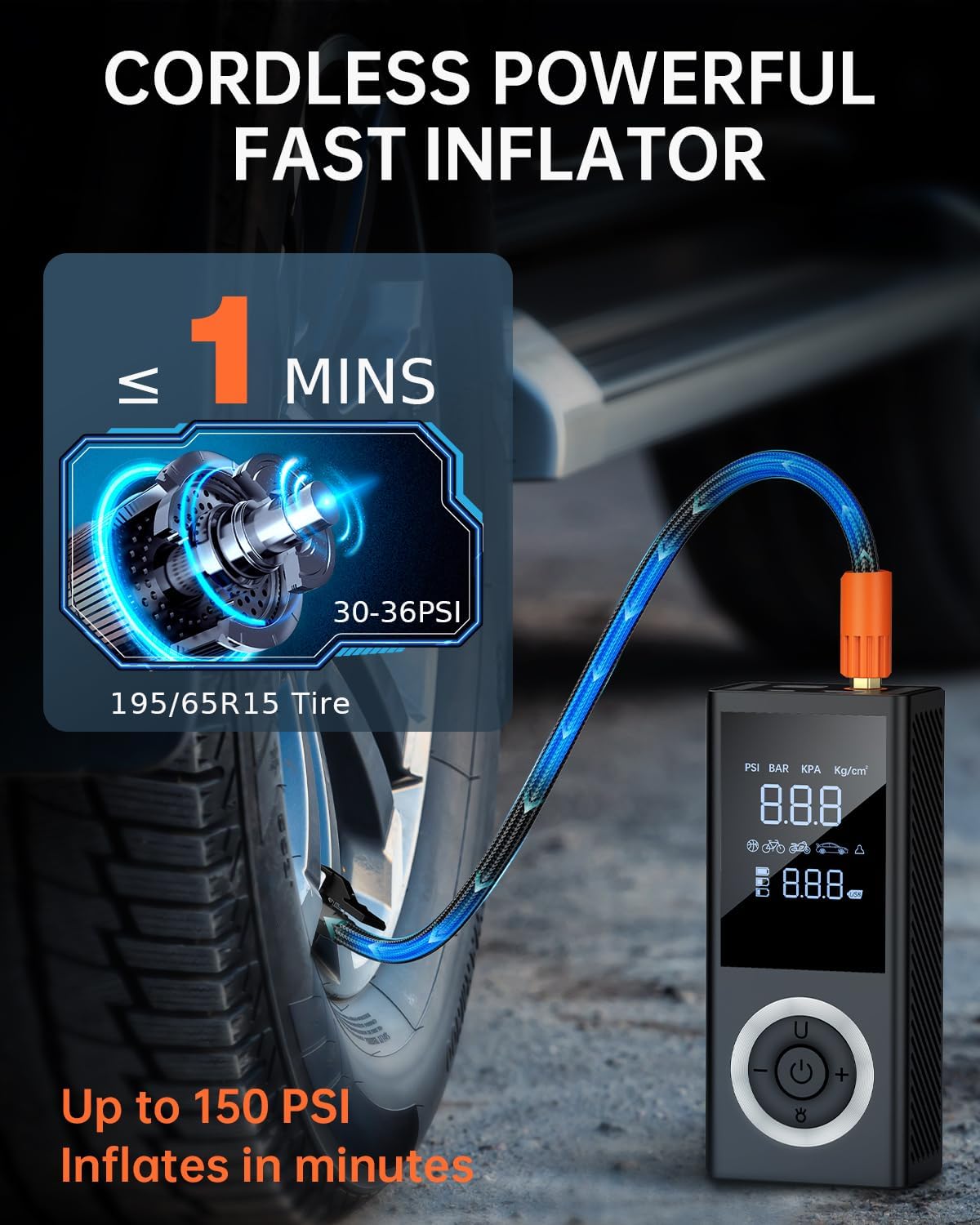 Tire Inflator Portable Air Compressor, 150 PSI Smart Air Pump for Car Tires with Digital Pressure Gauge, LED Light, 12V Car Power Adapter, Storage Box