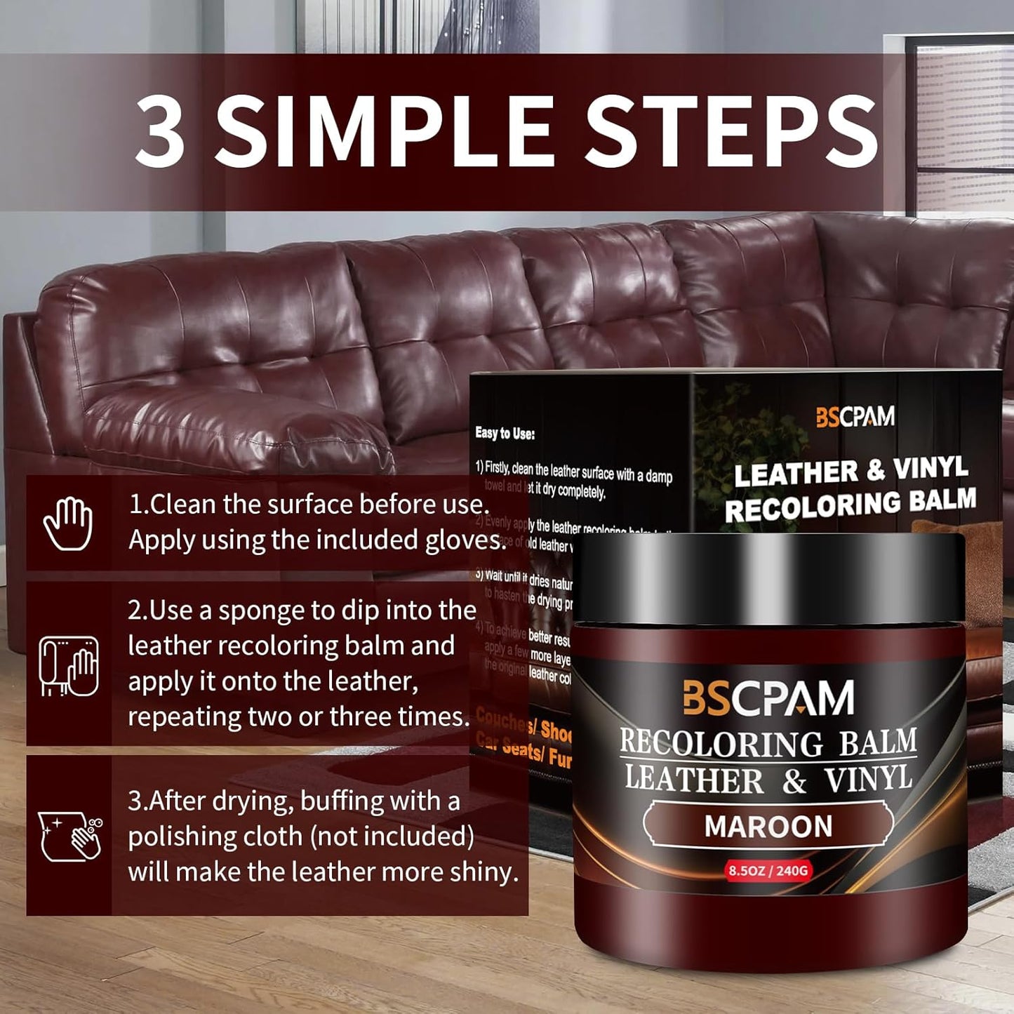 Maroon Leather Recoloring Balm,Leather Couch Scratch/Stain Remover,Leather Repair kit for Vinyl Furniture and Car Interior,Leather Dye Paint for Scratched and Faded Leather Couches