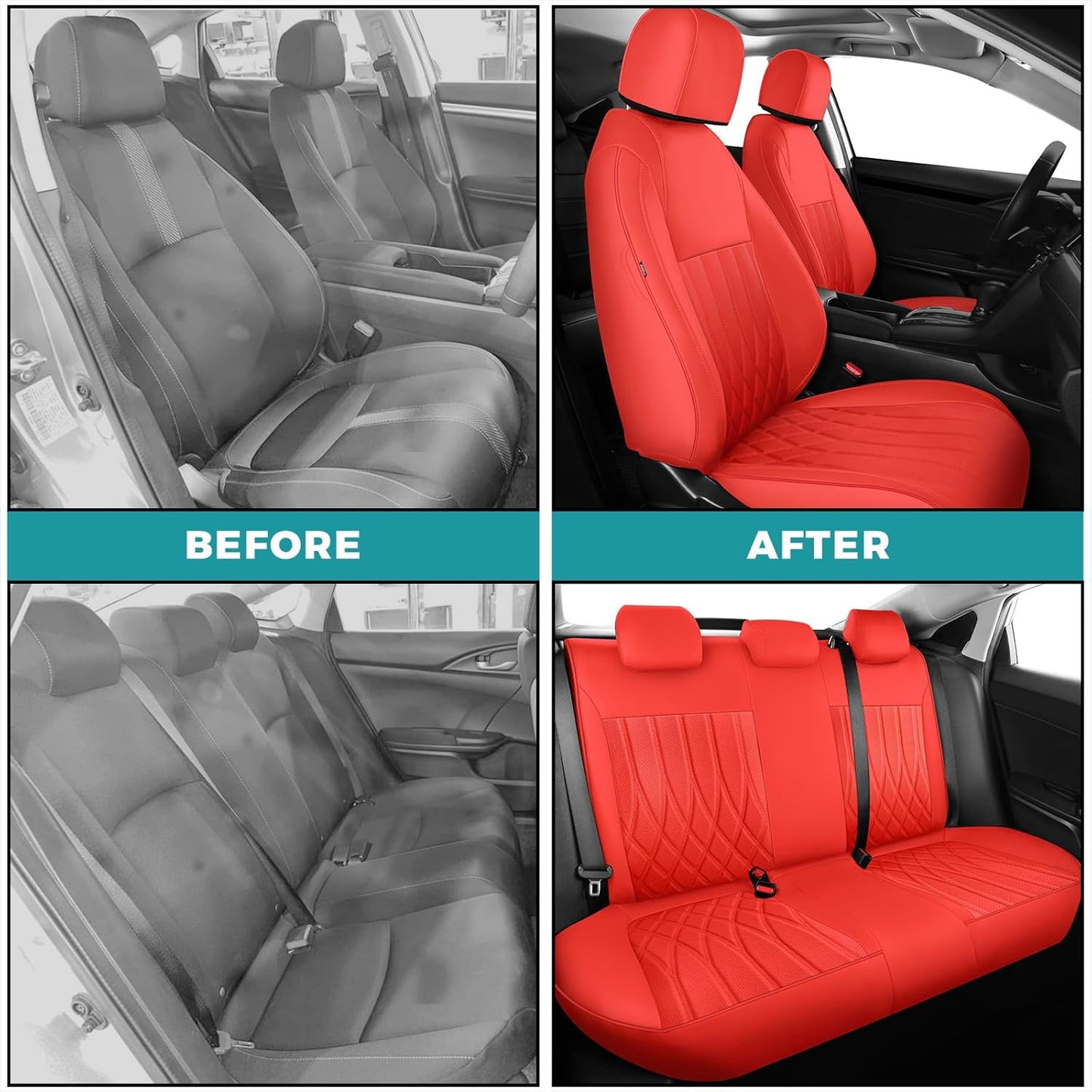 Seat Covers for Honda Civic Sedan 4DR Sedan LX 2022 2023 2024 2025.Faux Leather Car Seats Cover Full Set,(Rear Row Solid Folding Backrest)-RED