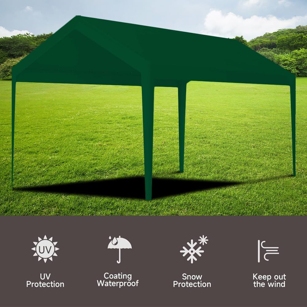 Rutile 10 x 20 FT Carport Replacement Cover, Heavy Duty Car Tarp Canopy Tent Garage Top Shelter With Fabric Leg Pole Skirts and Ball Bungees - Green (Only Top Cover, Frame Not Included)