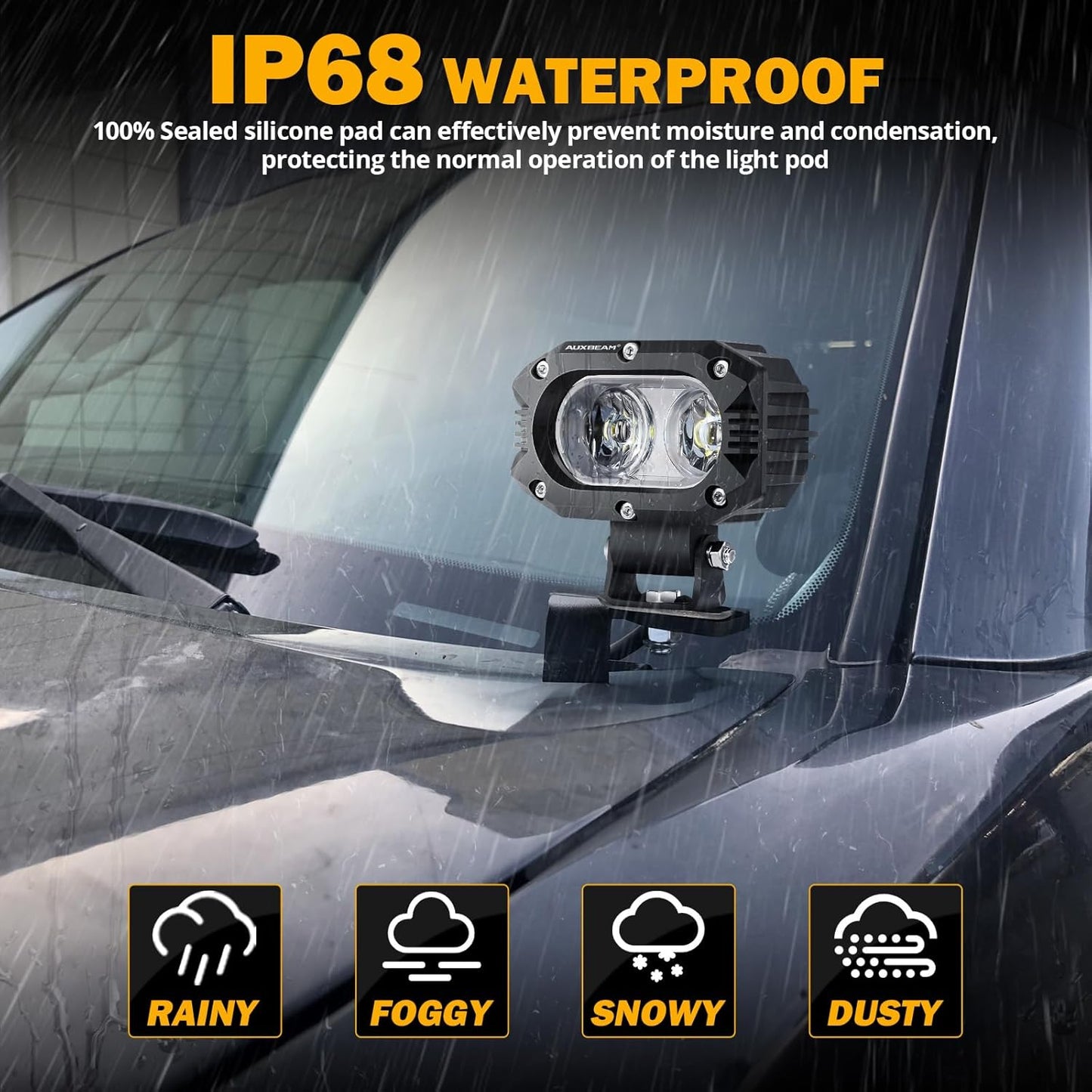 Auxbeam 4 Inch LED Light Pods, 60W Square Offroad Driving Light Super Bright 120° White Broad Flood Beam Pods Light with Off Road Wiring Harness for Wrangler Truck Pickup SUV ATV UTV (2 Pcs)