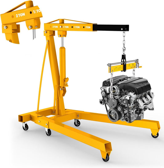 2 Ton Folding Engine Hoist, 4400lbs Hydraulic Cherry Picker Engine Hoist with 6 Casters, Heavy Duty Engine Lift for Garage, Workshop, Automotive Repair (Yellow)