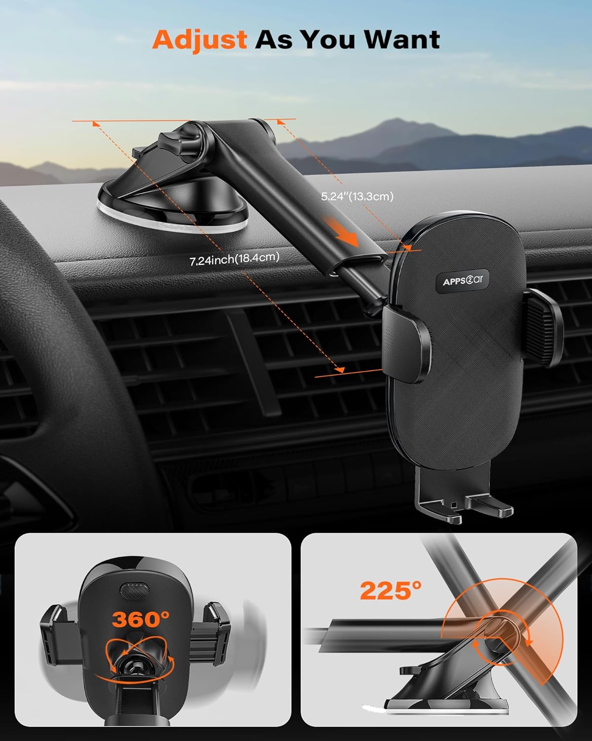 APPS2Car Car Phone Holder Mount, Dashboard/Windshield/Cell Phone Holder for Car, Compatible with iPhone, Samsung, All Phones,Black