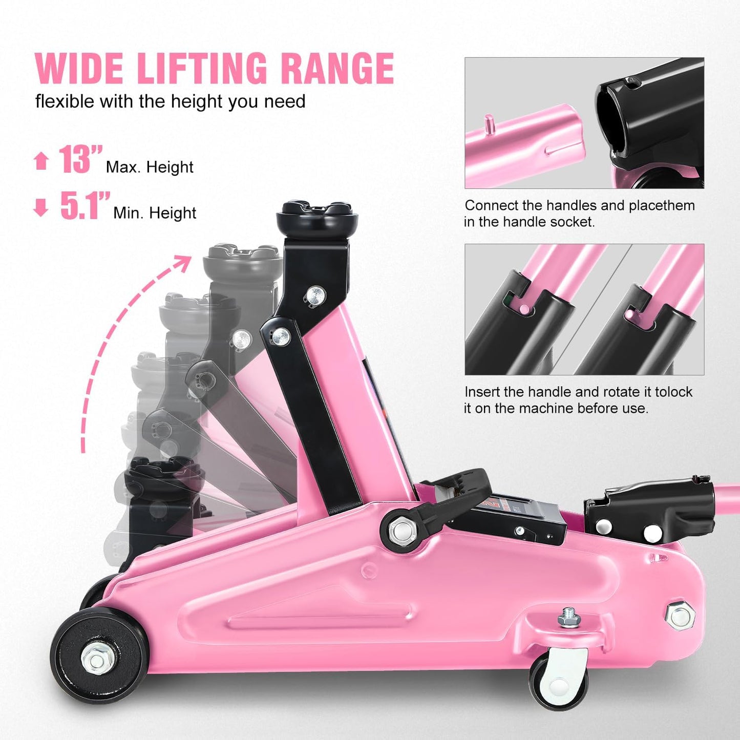 DNA MOTORING Low Profile Hydraulic Trolley Service/Floor Jack, 2 Ton (4000 lbs) Capacity, Lifting Range 5.1"-13", Pink, TOOLS-00474-PK