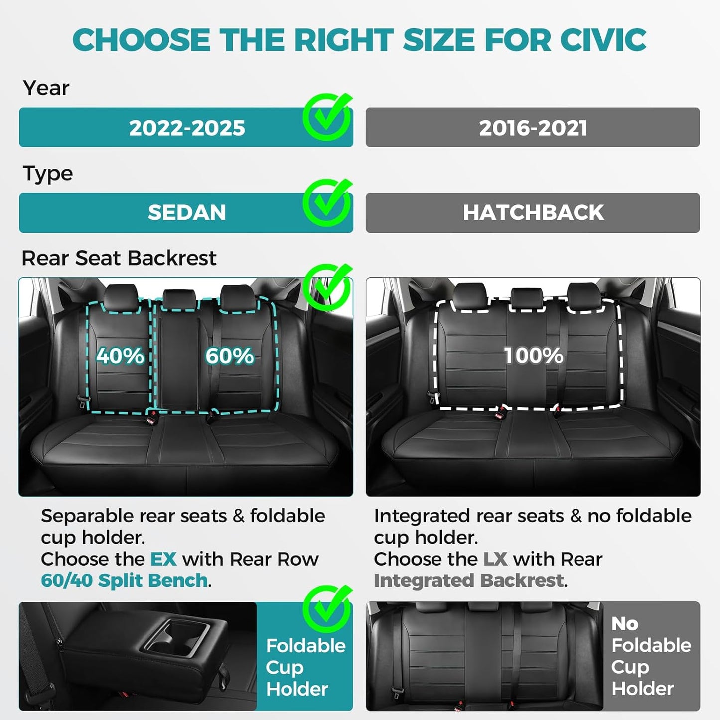 Seat Covers for Honda Civic Sedan 4DR Sedan EX 2022 2023 2024 2025.Faux Leather Car Seats Cover Full Set (Rear Row 40/60 Split & Folding Backrest)-BlackBlue