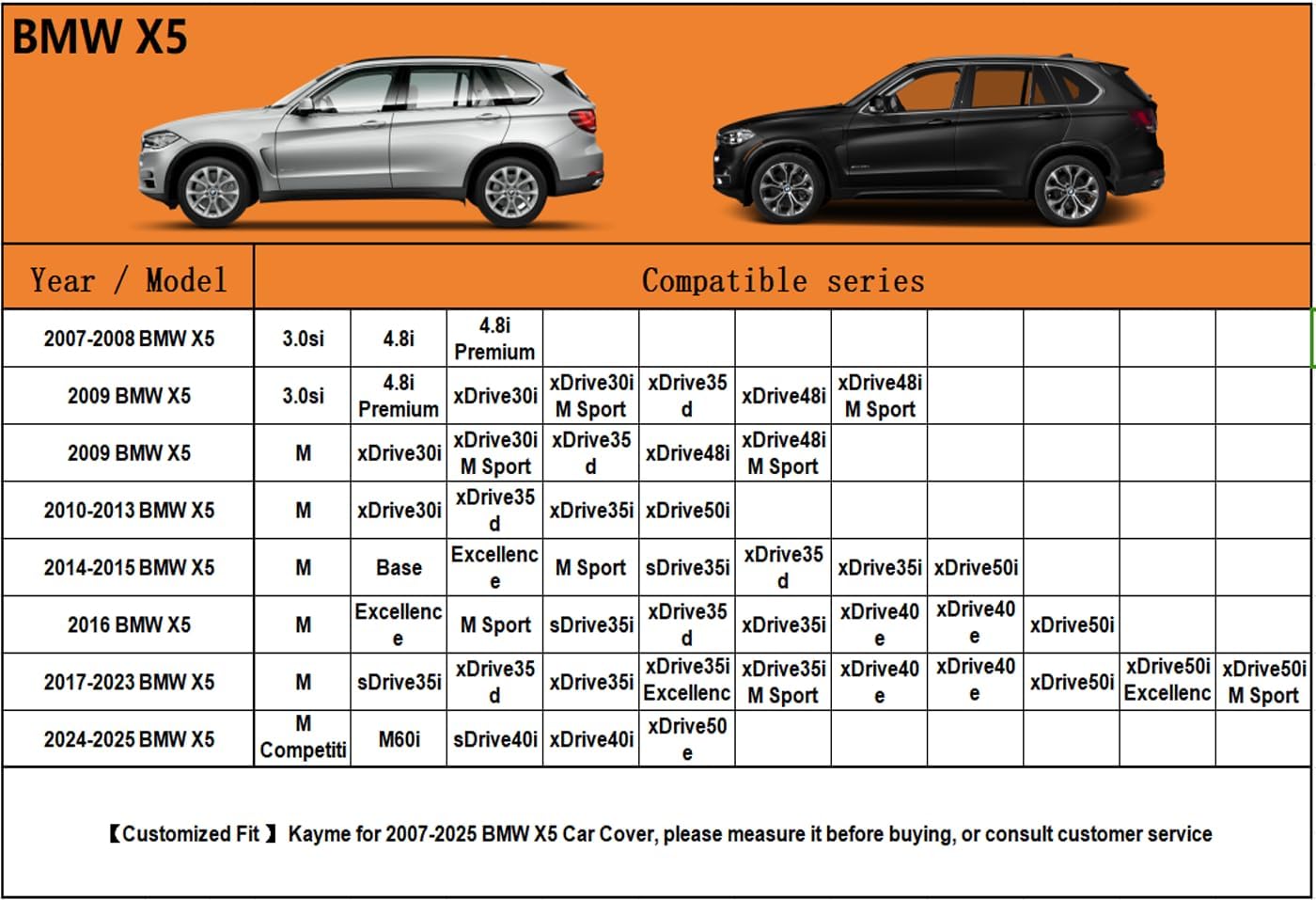 Kayme 6 Layers SUV Car Cover Custom Fit for BMW X5 (2007-2025) Waterproof All Weather for Automobiles, Outdoor Full Cover Rain Sun UV Protection.Silver