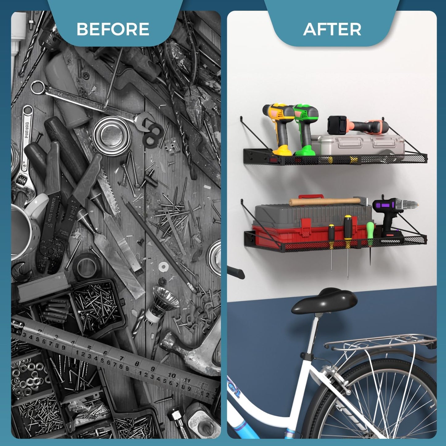 Garage Wall Shelf (2PCS-23.6"x12"x2.2") Steel Wall Shelf Storage Rack-design of TRIANGULAR BRACKET, Wall Mount Heavy Duty Metal Shelves Mesh Storage Rack for Garage, Office, Basement Kitchen, Closet