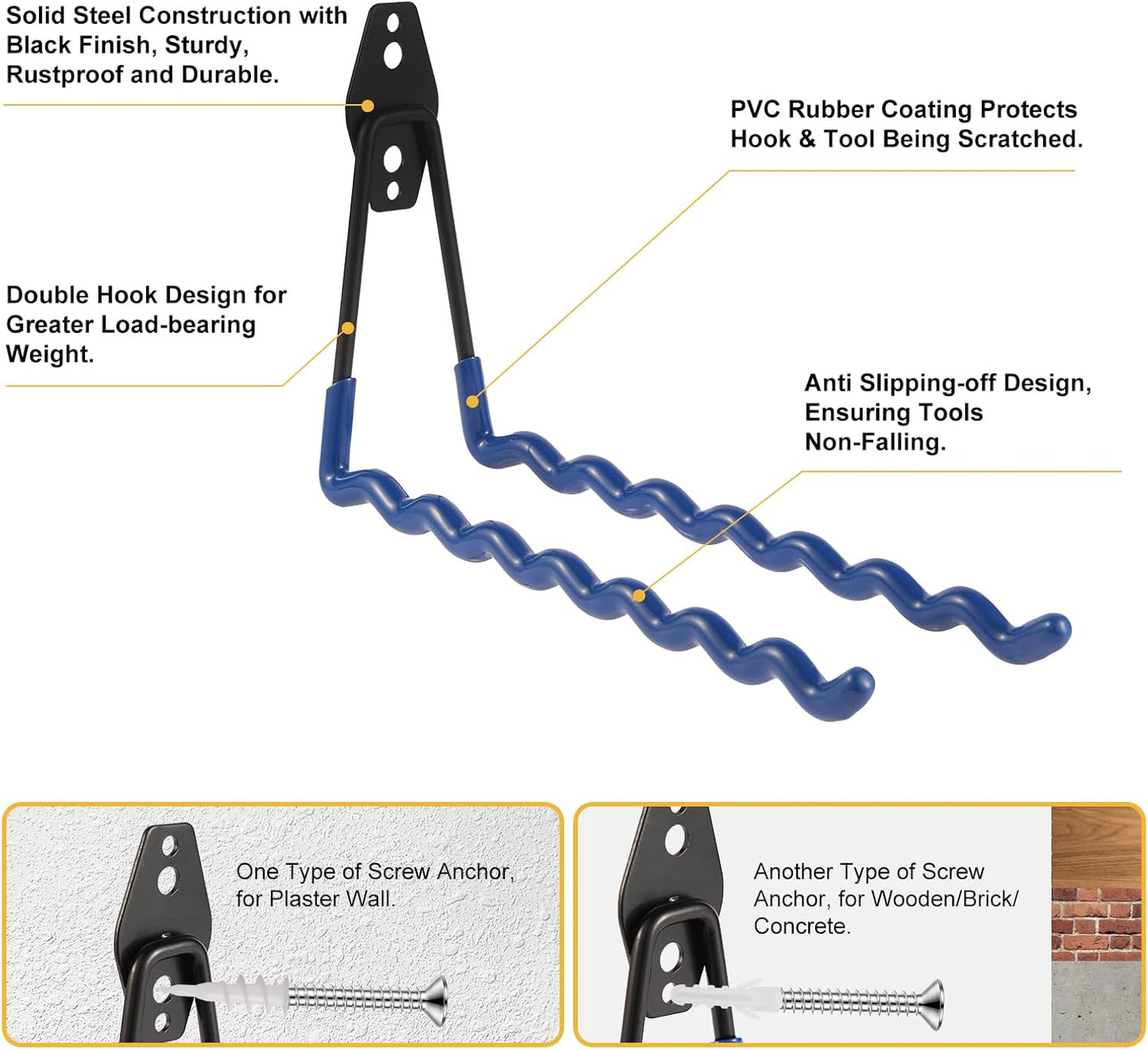 Wall Mounted Garage Hooks Tool Organizer, 12.4 Inch Garage Storage Hook Heavy Duty Utility Wall Hangers Blue for Ladders, Hose, Garden Tools, Set of 4