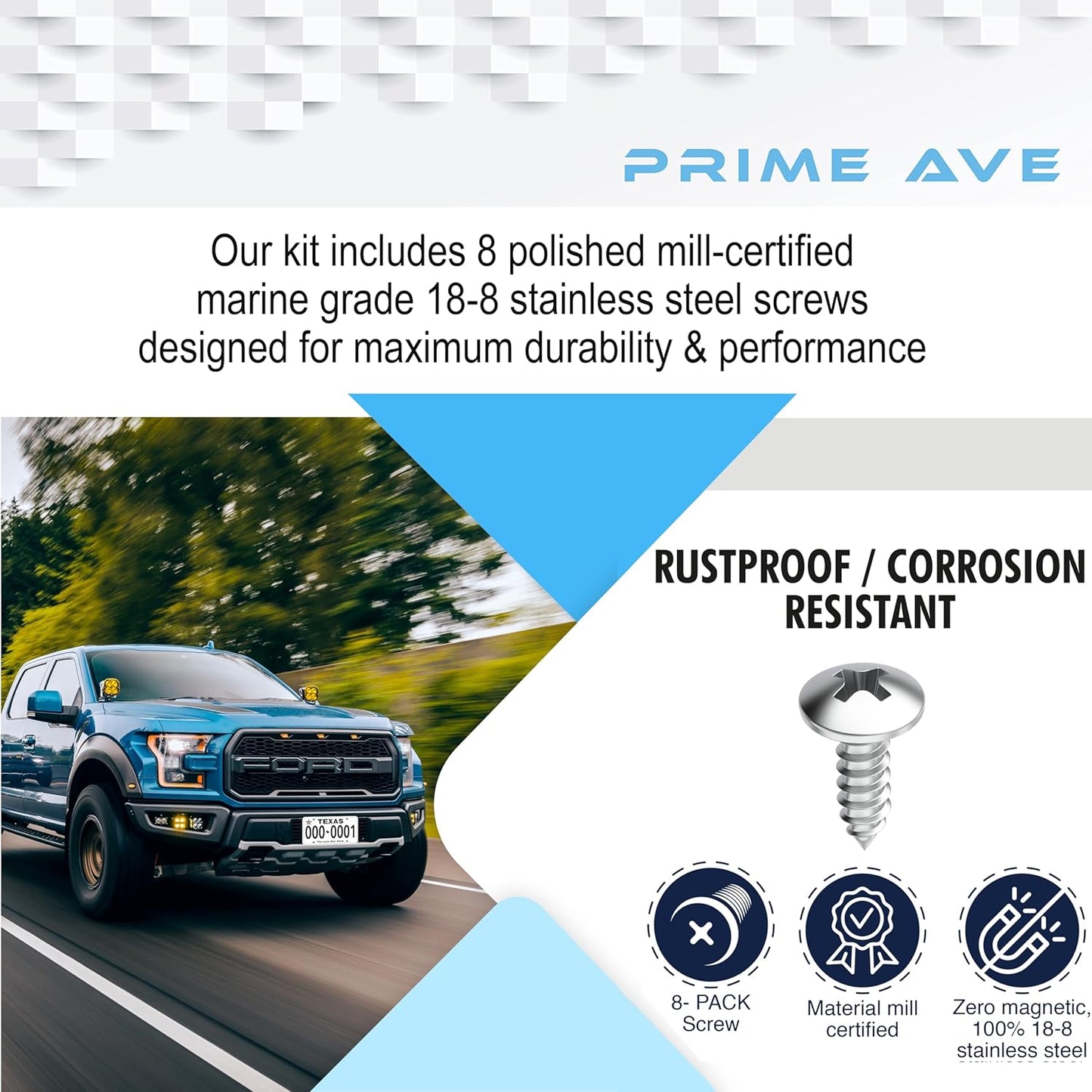 Stainless Steel License Plate Screws for License Plates, Frames, Covers - Durable & Rust Proof Licence Plate Screw Set for Front/Rear - Compatible with Ford Lincoln (Pack of 8)