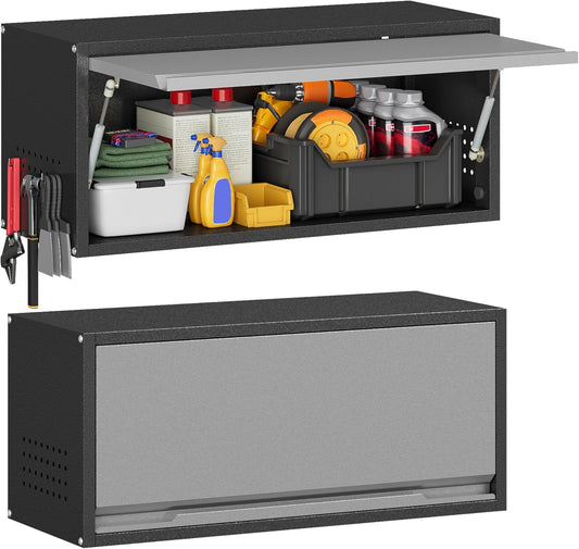 Metal Garage Wall Cabinet with Up-Flip Door,Wall-Mounted Steel Storage Cabinet, Float Tool Cabinet with Pegboard,Upper Cabinet for Kitchen,Garage,Workshop,Warehouse(13.8" H,Black&Gray)