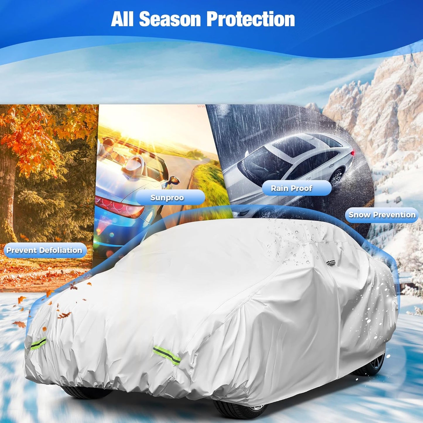 YOLENY Car Cover Waterproof All Weather Full Exterior Covers with Zipper，Universal Fit Sedan Dodge Challenger,Chevrolet Impala,Toyota Avalon,Cadillac Deville/Seville, Lexus ES etc.(UP to 201 inch)