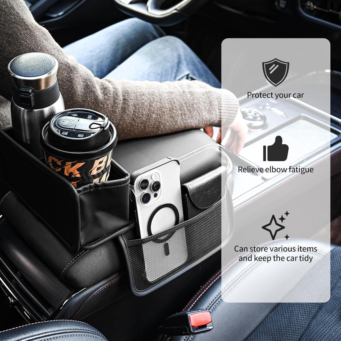 JEYODA Upgraded Car Armrest Cover,Premium Leather Car Armrest Cover Cushion with Storage Holder, Caddy for car (grey)