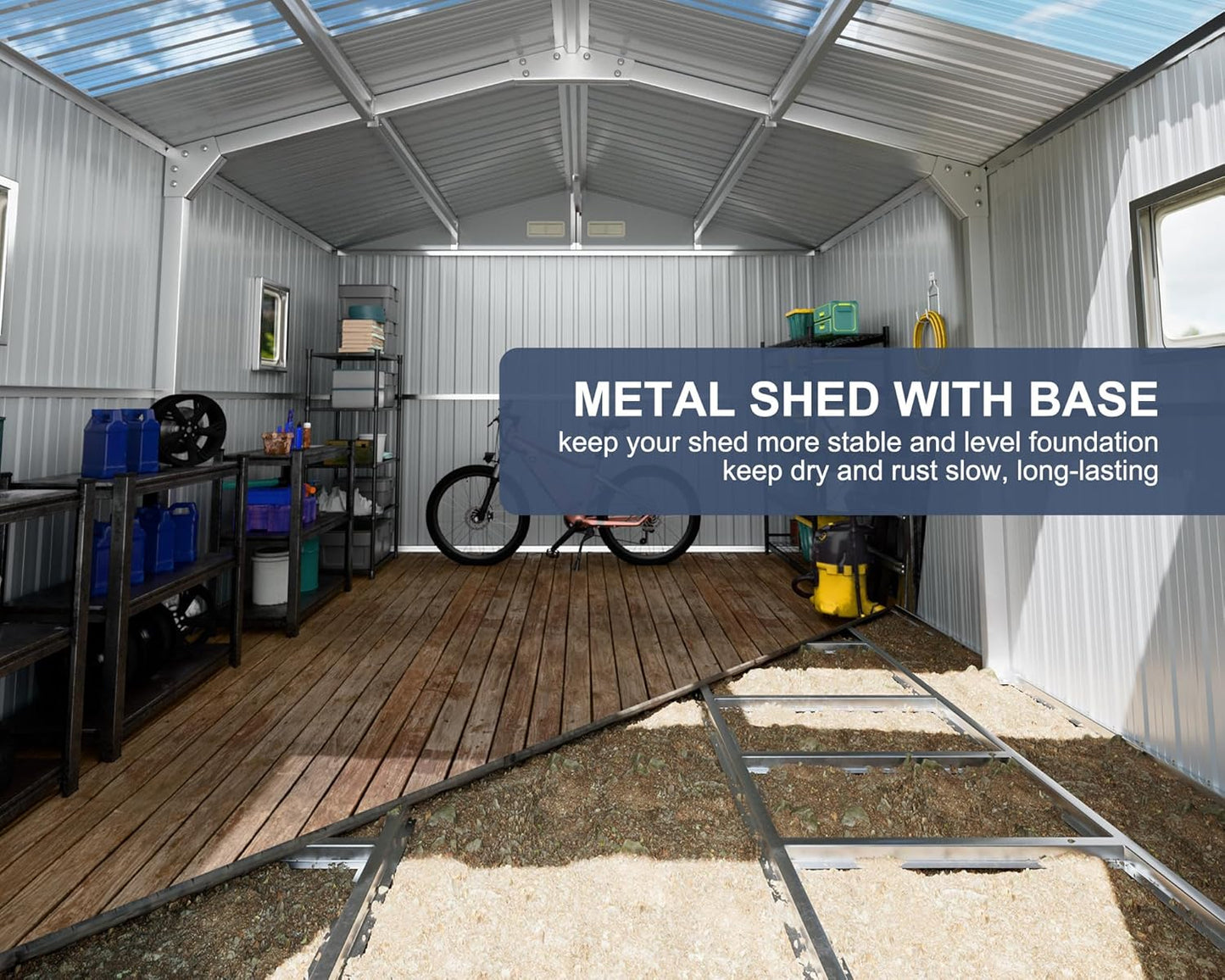 10x12 FT Metal Storage Shed with Floor Frame Extra Large Waterproof Storage House with Clear Roof Windows Air Vent for Garden Yard to Store Bikes,Lawnmower,Dark Grey