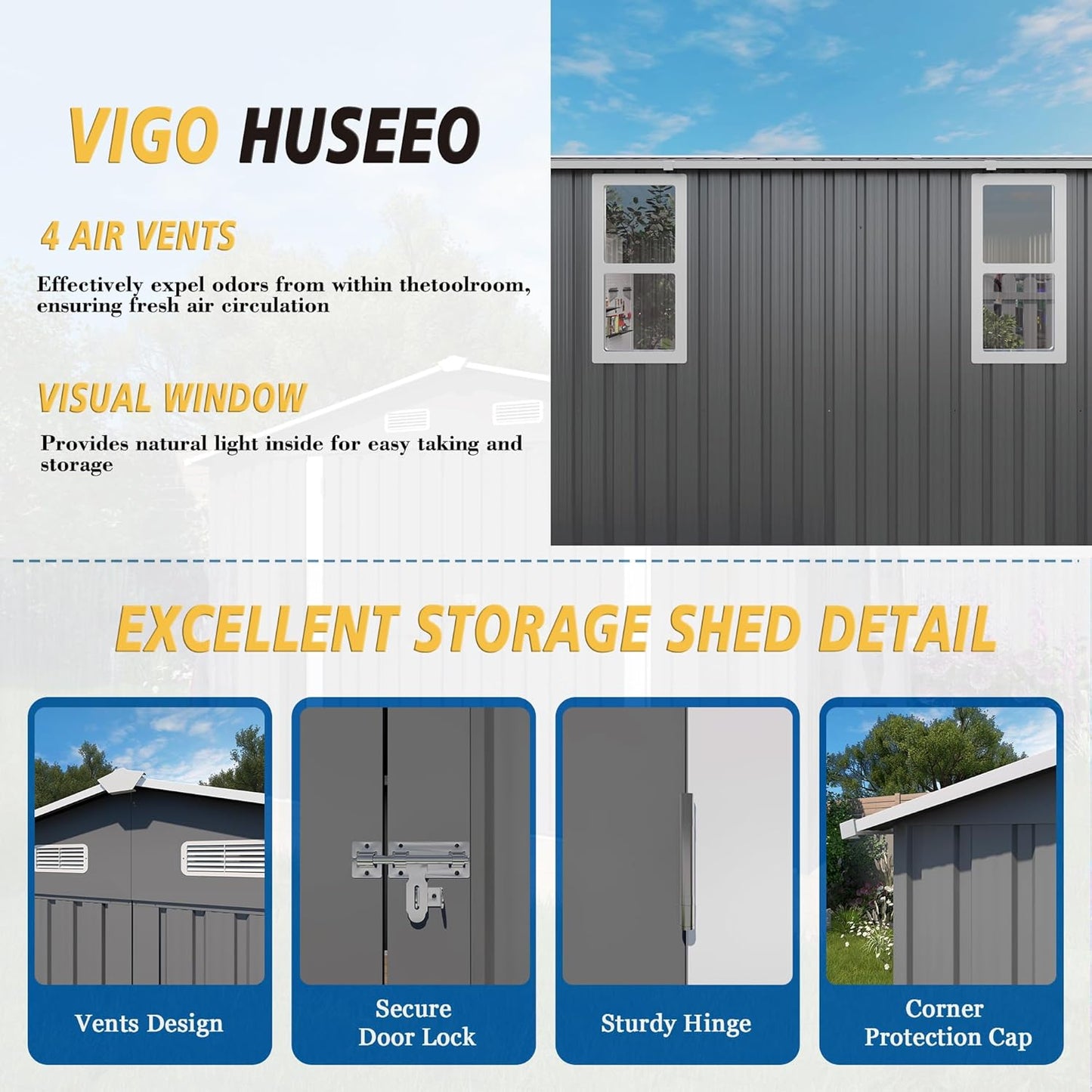 10x12x6.7FT Outdoor Storage Shed, Galvanized Steel Garden Shed with Lockable Door & Window, Waterproof Metal Tool Storage for Garden, Backyard, Patio, Lawn(Grey)