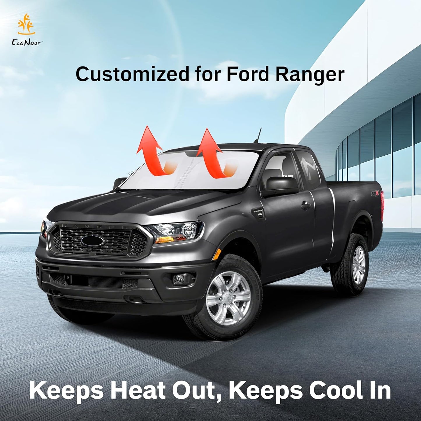 EcoNour Windshield Sun Shade Compatible for Ford Ranger (2019–2024) | Front Window Shade for Midsize Pickup Truck | 4-Layer, 240T Sunshade Accessories | UV & Heat Reflector for Ranger Windshield
