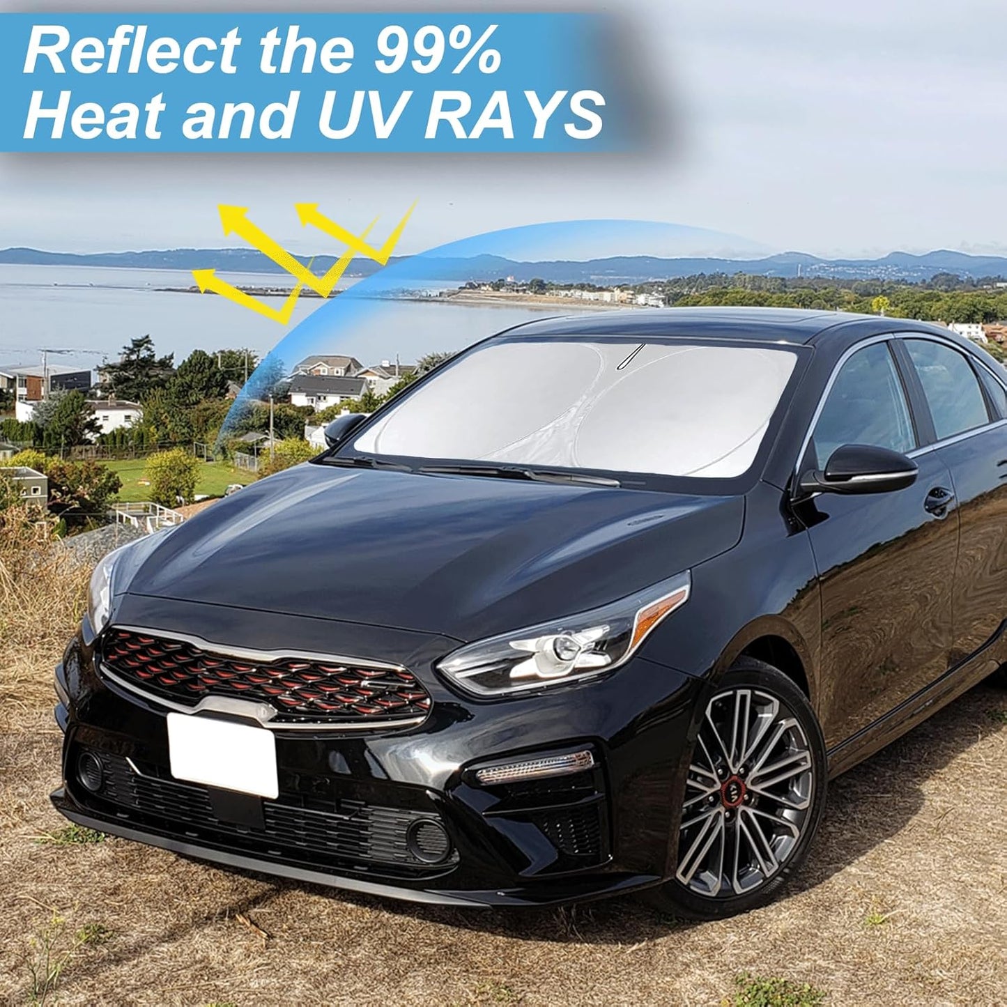 Sunshade Windshield Sun Shade for Kia K5 2021-2026 K900 Stinger Accessories, Custom Fit KIA Stinger 2017 2018-2022 2023 Front Window Foldable Sun Visor Protector Retractable UV Reflector Blocks UV Ray