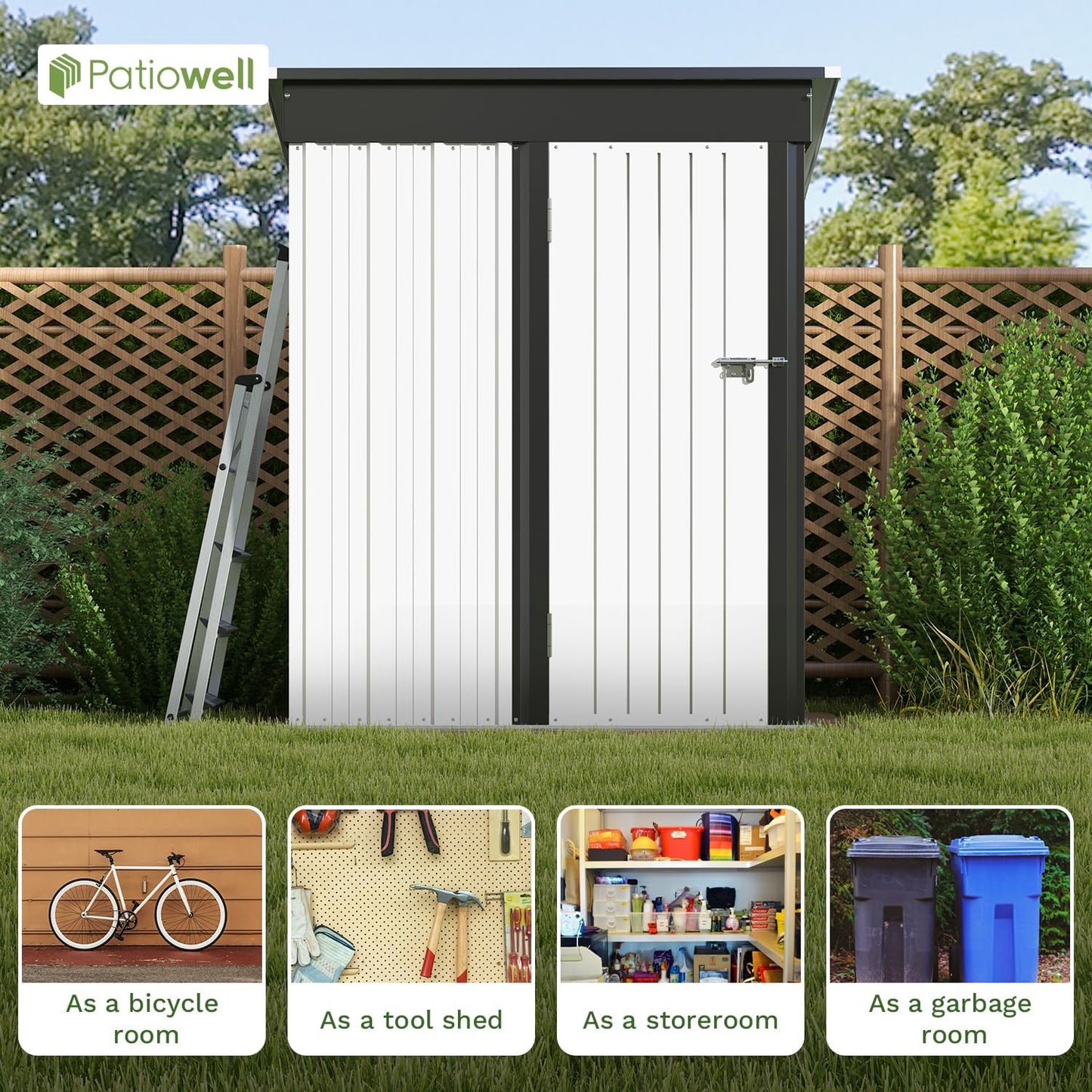 Patiowell 5x3 FT Outdoor Storage Shed, Garden Tool Shed with Sloping Roof and Lockable Door, Metal Shed for Backyard Garden Patio Lawn, White