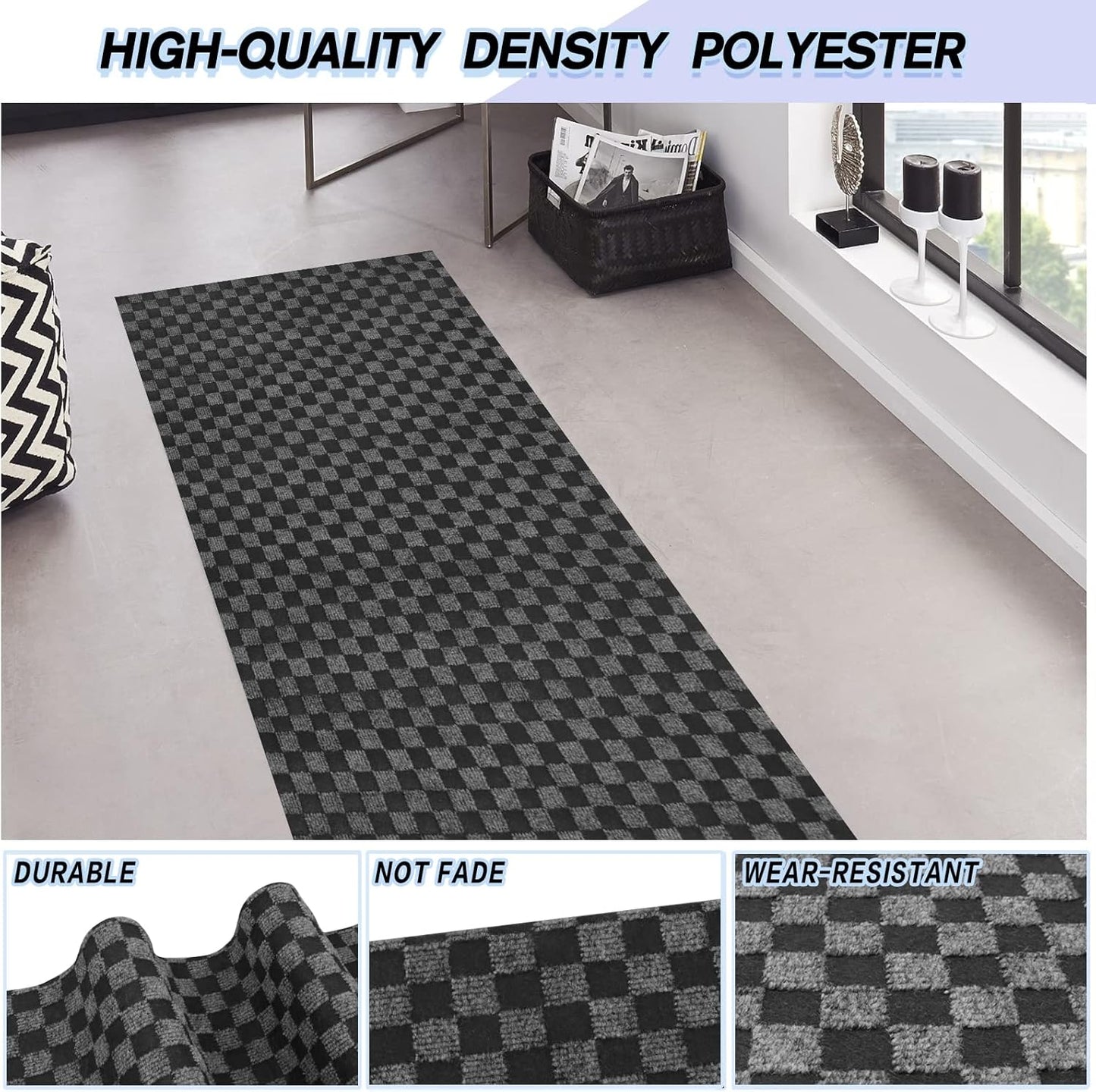 Custom Size Backed Non-Slip Area Rugs Runner, Easy Clean, Waterproof Runner Rugs for Hallway Entryway, Kitchen, Laundry, 2FT x 30FT, Gray Checkered