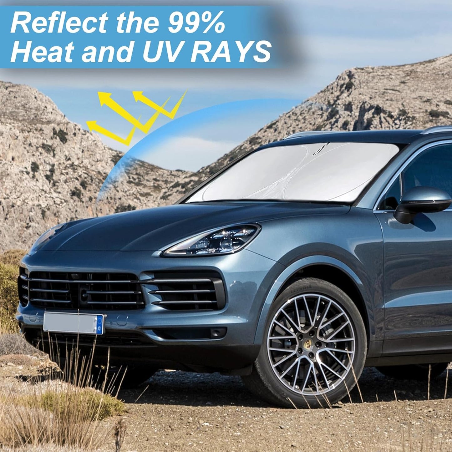 Custom Fit Cayenne Windshield Sunshade for 2019-2023 2024 2025 Upgrade Porsche Cayenne Front Window Sun Shades Shield Cover for Windshield Foldable 210T Sun Visor Protector Blocks UV Ray Accessories