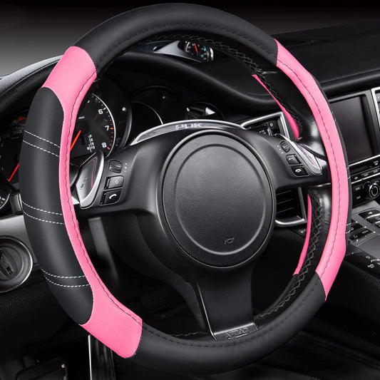 CAR PASS Line Rider Microfiber Leather Sporty 14.5-15 inch Steering Wheel Cover Universal Fits for 95% Truck,SUV,Cars, Anti-Slip Safety Comfortable Design (Black Pink)