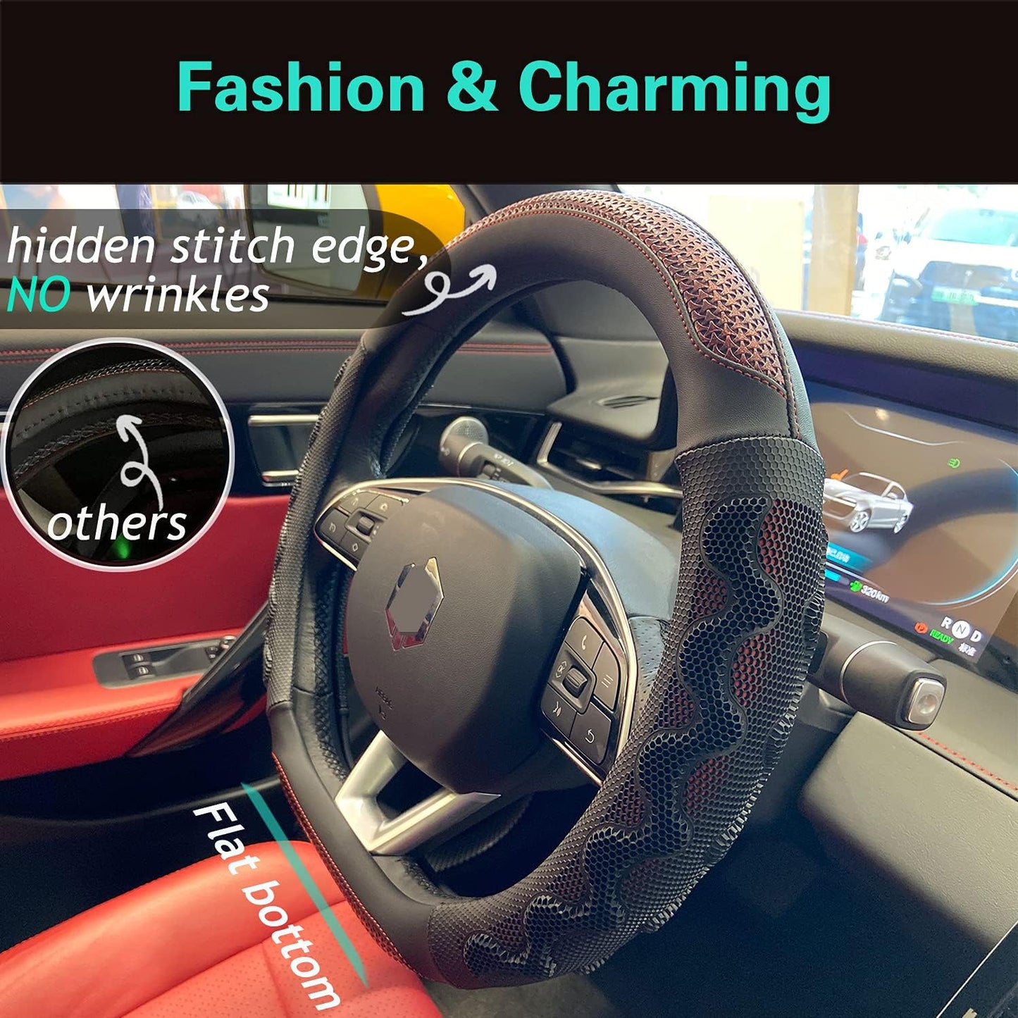 PINCTROT D Shaped 14.5-15 Inch Steering Wheel Cover Great Grip with 3D Honeycomb Anti-Slip Design, Flat Bottom 14.5-15 Inch (Wine Red)