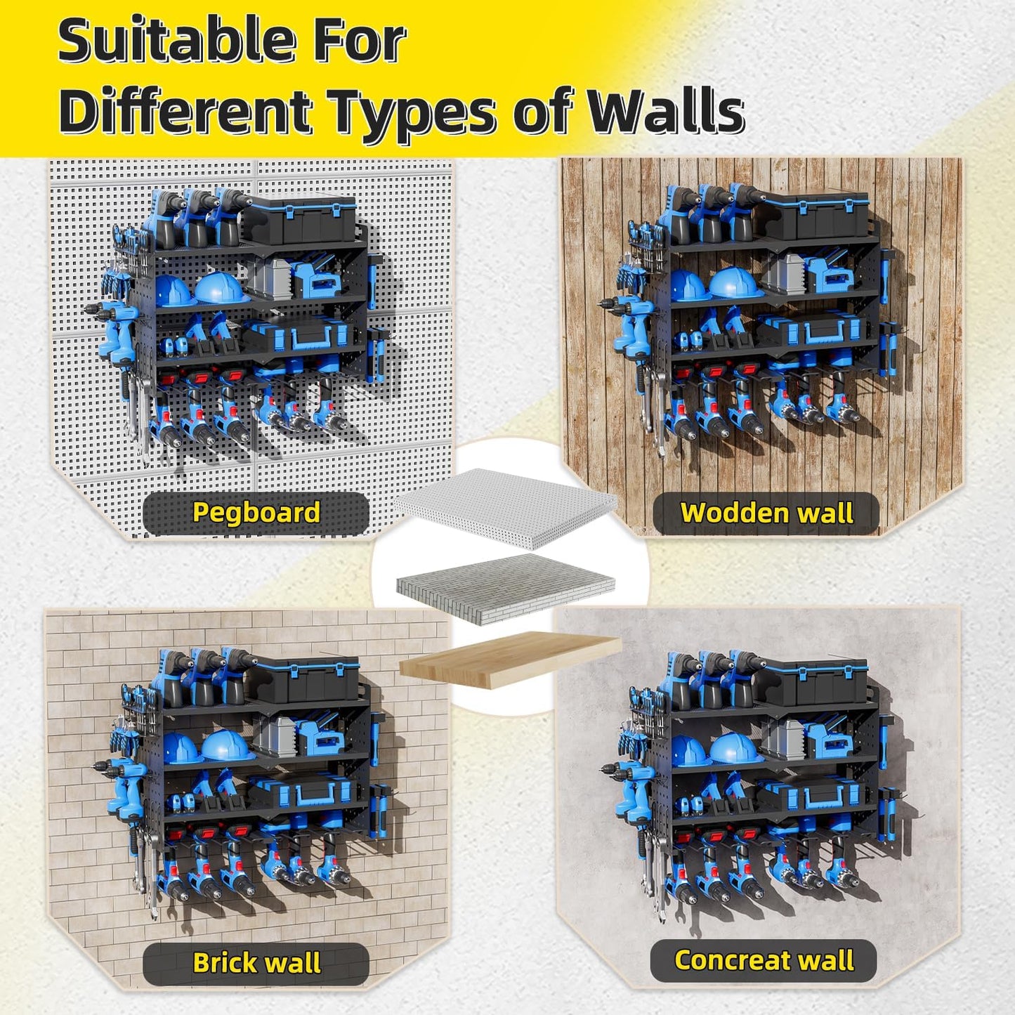 Power Tool Organizer Wall Mount with Charging Station, 4 Layers 6 Drill Holder, Heavy Duty Storage Utility Racks, Supports 600 lbs,Battery Shelf for Garage and Workbench (32 Inch 8 Drills Holder)