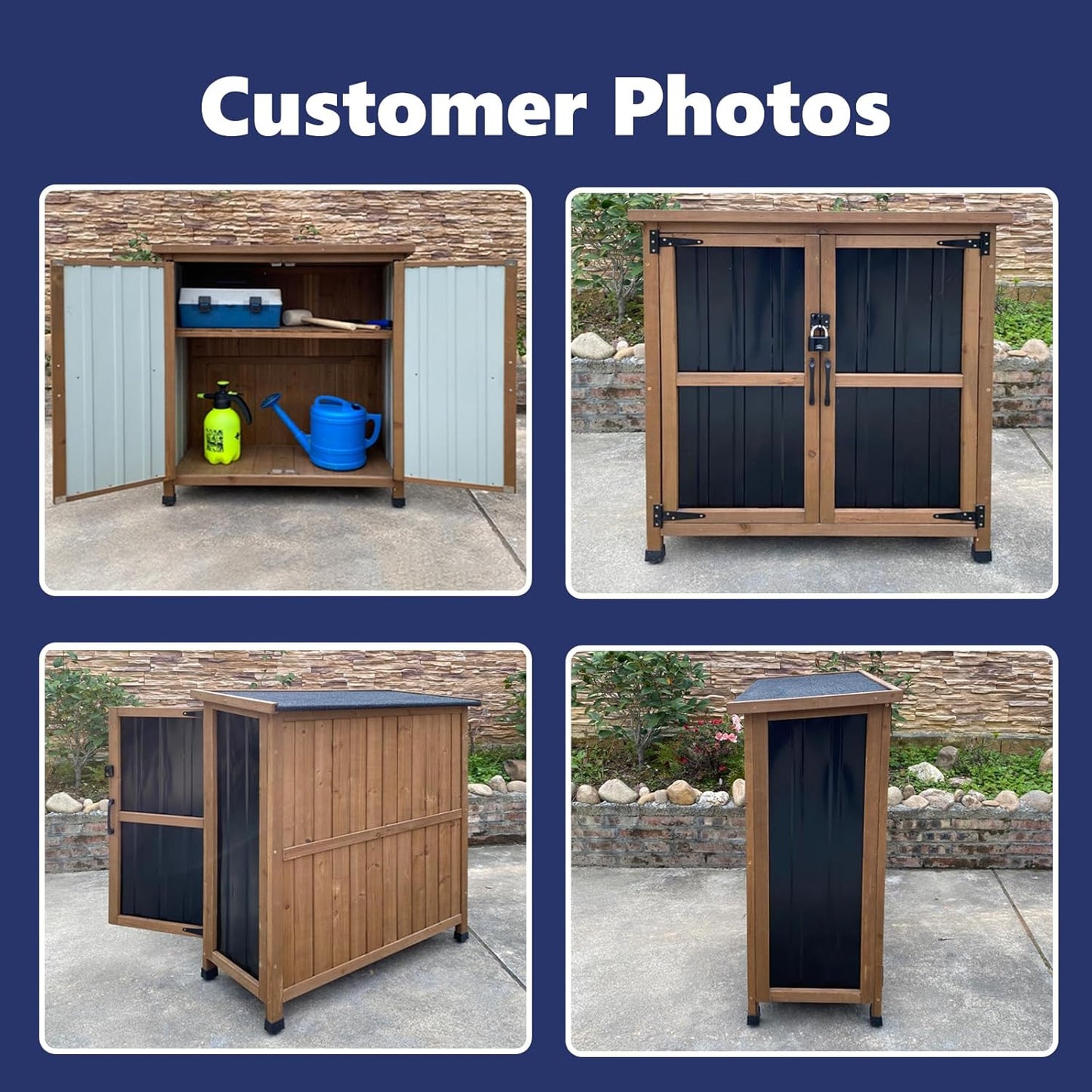 Wood & Metal Outdoor Storage Cabinet with Waterproof Roof, Garden Tool Shed with 4 T-Hinge, 4 Adjustable feet and Magnetic Door, 2 Removable Shelves, Easy Installation, 13.5" D x 34.5" W x 39" H