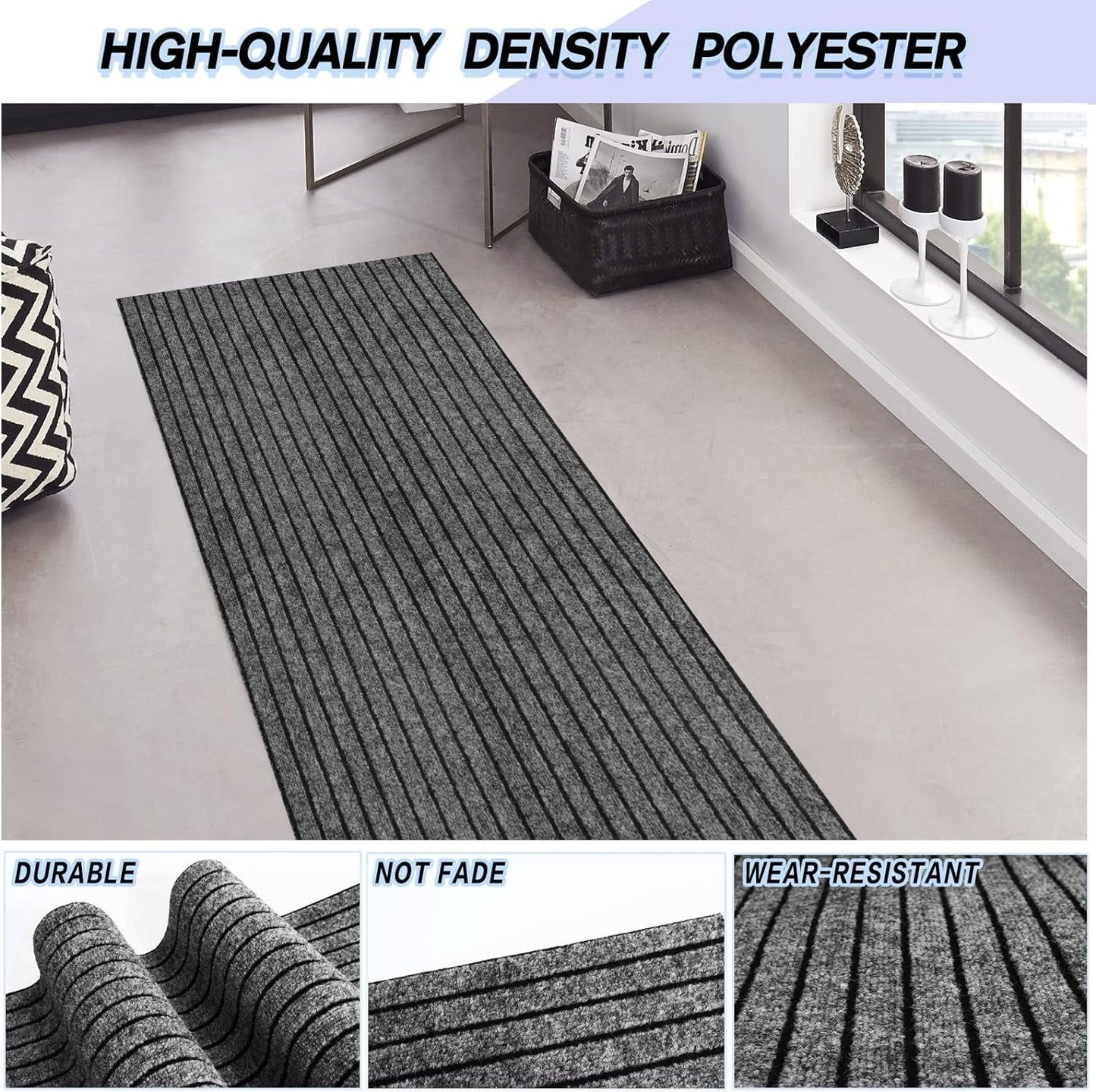 Custom Size Backed Non-Slip Area Rugs Runner, Easy Clean, Waterproof Runner Rugs for Hallway Entryway, Kitchen, Laundry, 3FT x 12FT, Gray Stripe