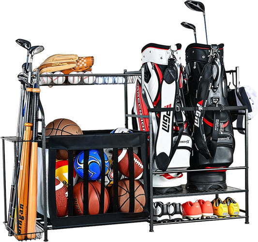 PLKOW Sports Equipment Organizer Rack, Garage Ball Rack, 2 Golf Bag Storage and Sports Gear Organizer for Garage