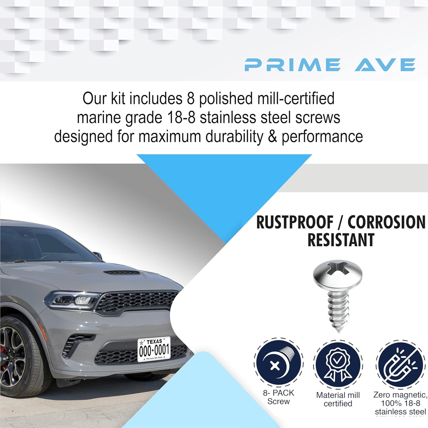 Stainless Steel License Plate Screws for License Plates, Frames, Covers - Rust Proof Licence Plate Screw Set for Front/Rear - Compatible with Chrysler Dodge Jeep & Ram (Pack of 8)