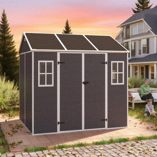 8x7 FT Outdoor Storage Resin Shed with Floor,Waterproof Plastic Garden Bike Shed with Lockable Door, Sloped Roof, Vents & Windows, Easy Assembly Tool Shed for Lawn, Backyard, Patio, Black
